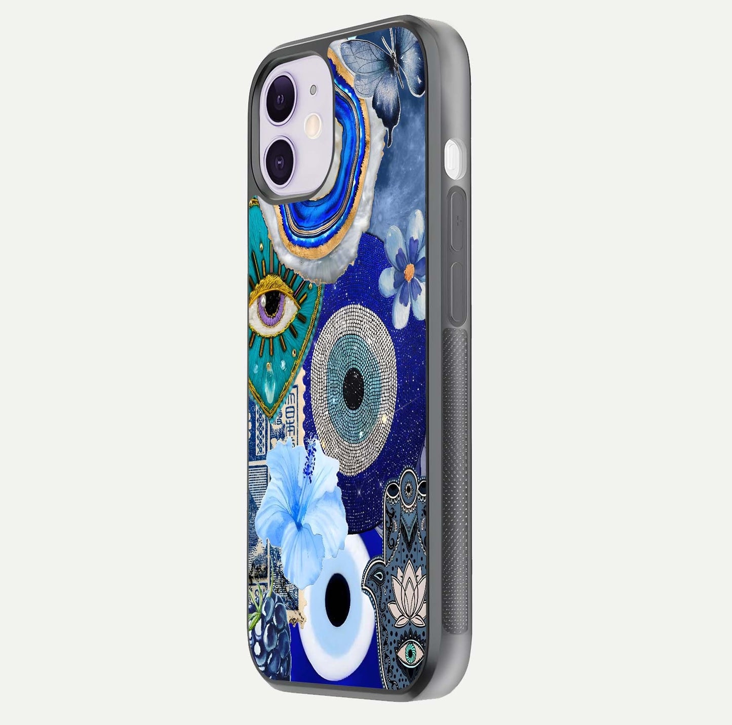 Celestial Blue Vision Glass Case for iPhone 11 side-angle image capturing starlight shimmer and glass reflection