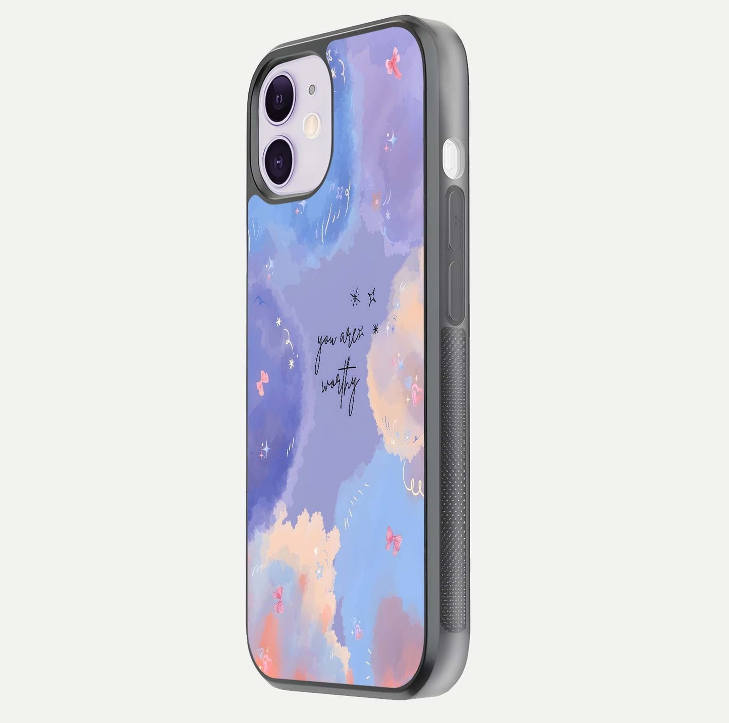 Celestial Cloud Magic Glass Case for iPhone 11 side-angle photo showing edge reflection and dreamy texture