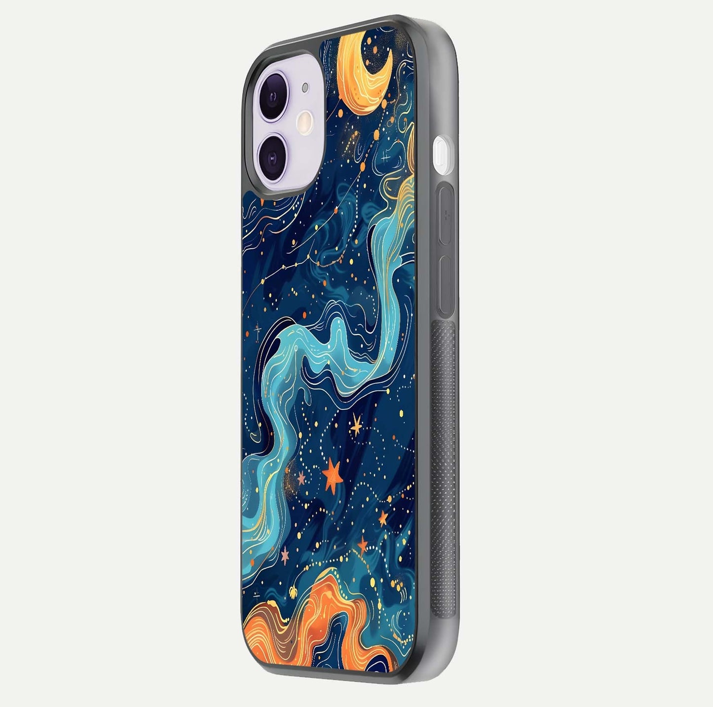 Celestial Dream Flow Glass Case for iPhone 11 side-angle image capturing color swirl and glass reflection