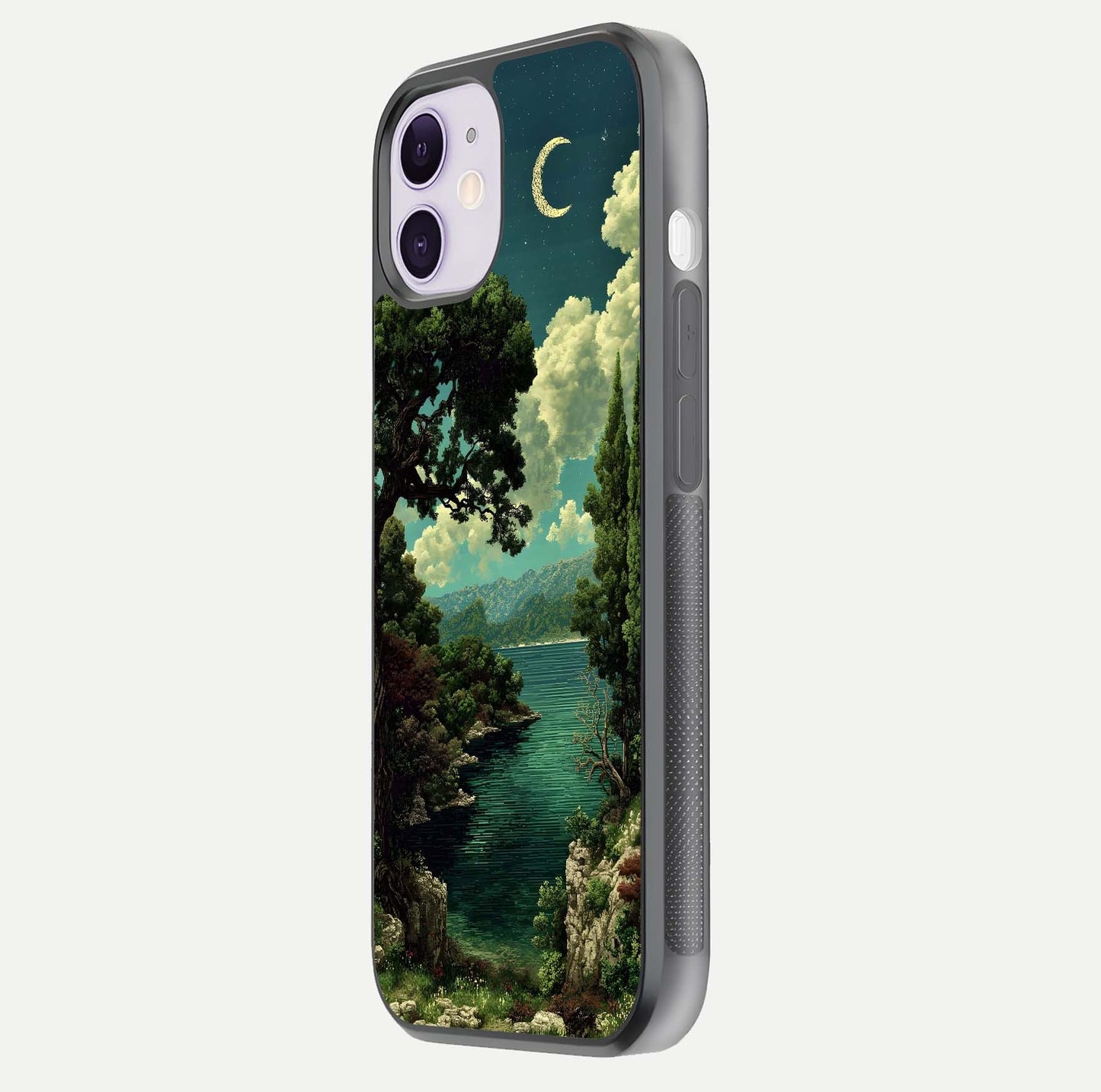 Celestial Lake Peace Glass Case for iPhone 11 side-angle image displaying reflective glow and gentle edges