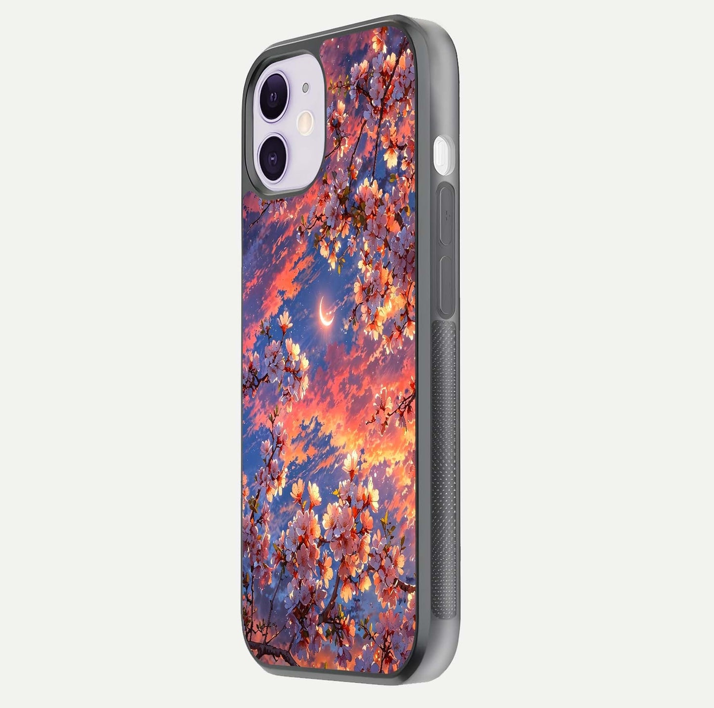 Celestial Sakura Sunset Glass Case for iPhone 11 side-angle image showing edge glow and petal texture