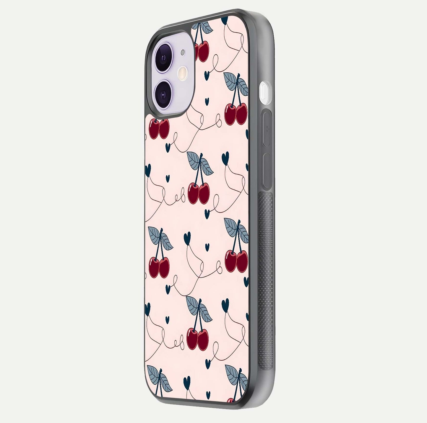 Cherry Heart Line Glass Case for iPhone 11 side-angle view capturing smooth curves and shine effect