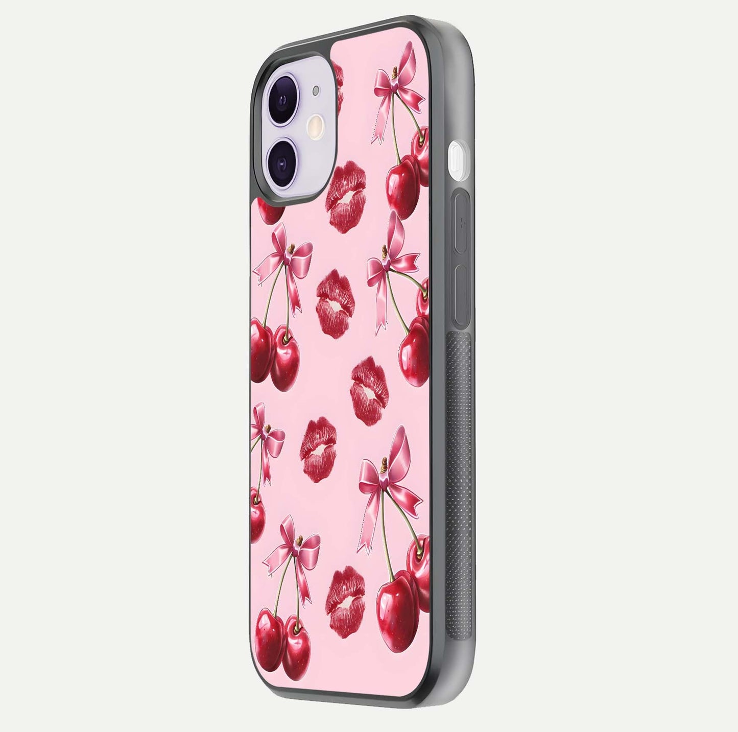 Cherry With Lips Glass Case for iPhone 11 side-angle image showing gloss reflection and fine details