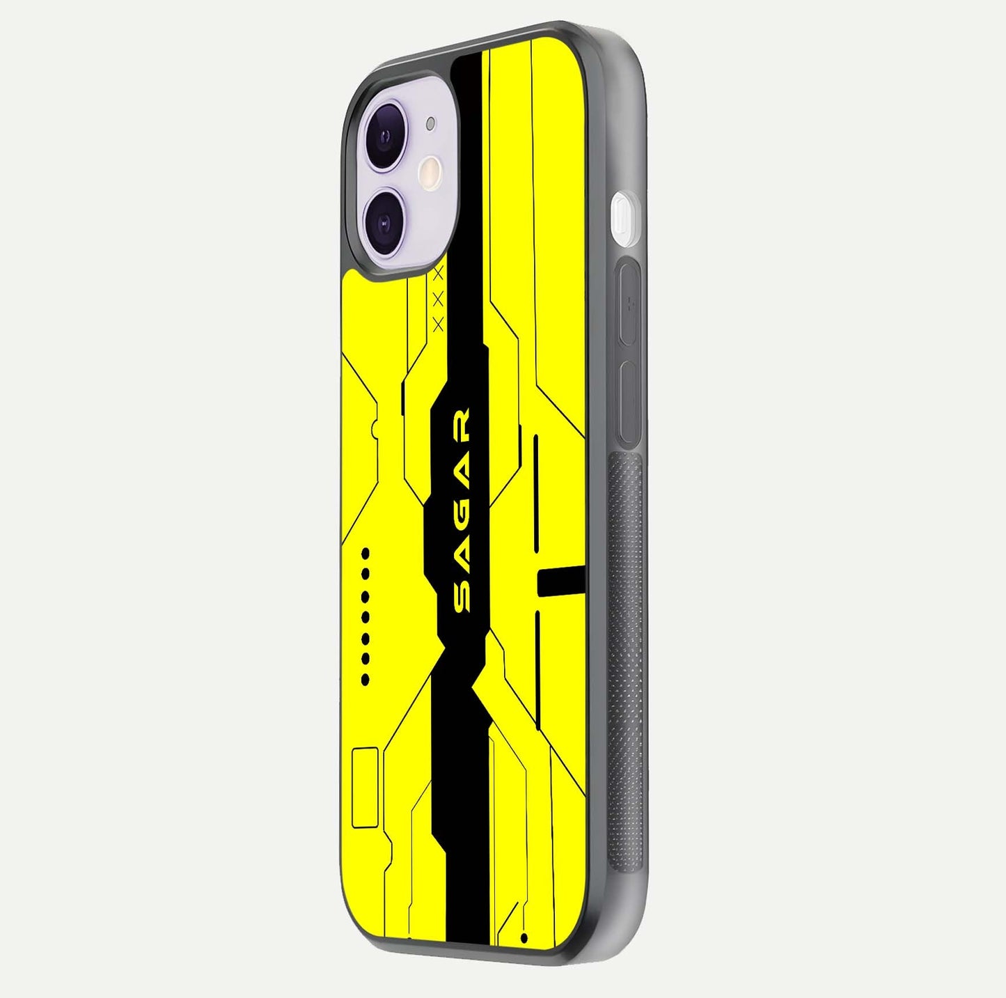 Circuit CYBERPUNK Custom Name Glass Case for iPhone 11 side-angle image showing reflective finish and design precision