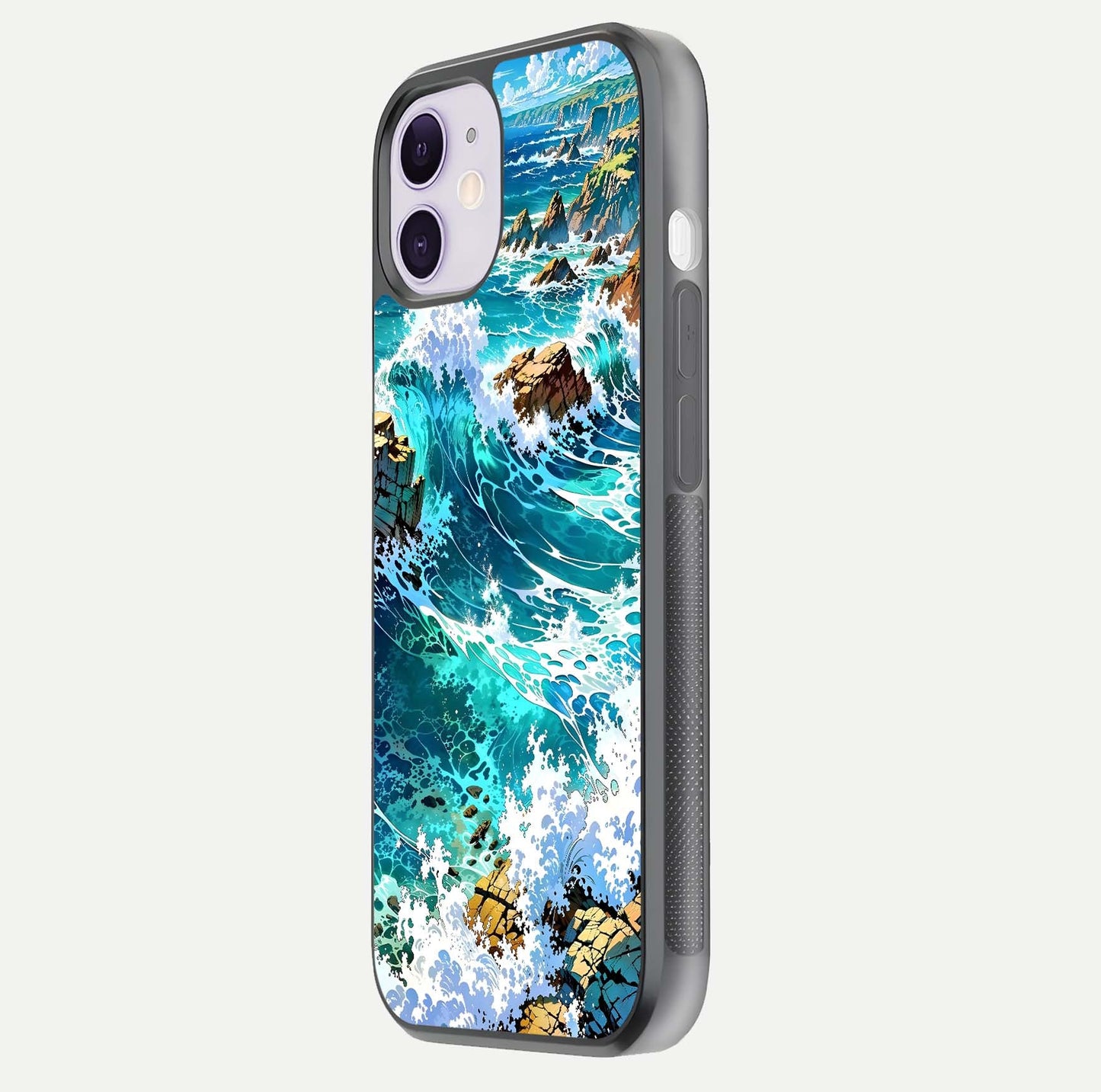 Coastal Blue Waves Glass Case for iPhone 11 side-angle photo showing gloss texture and color depth