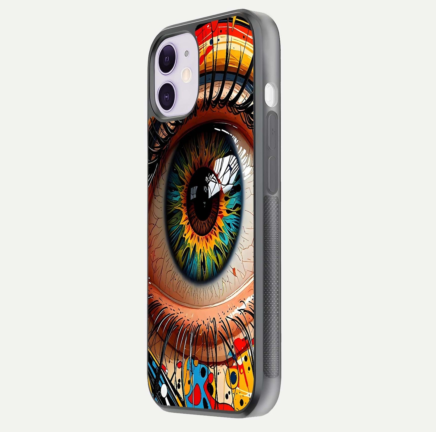 Colorful Eye Glass Case for iPhone 11 side-angle photo showing reflective surface and design detail