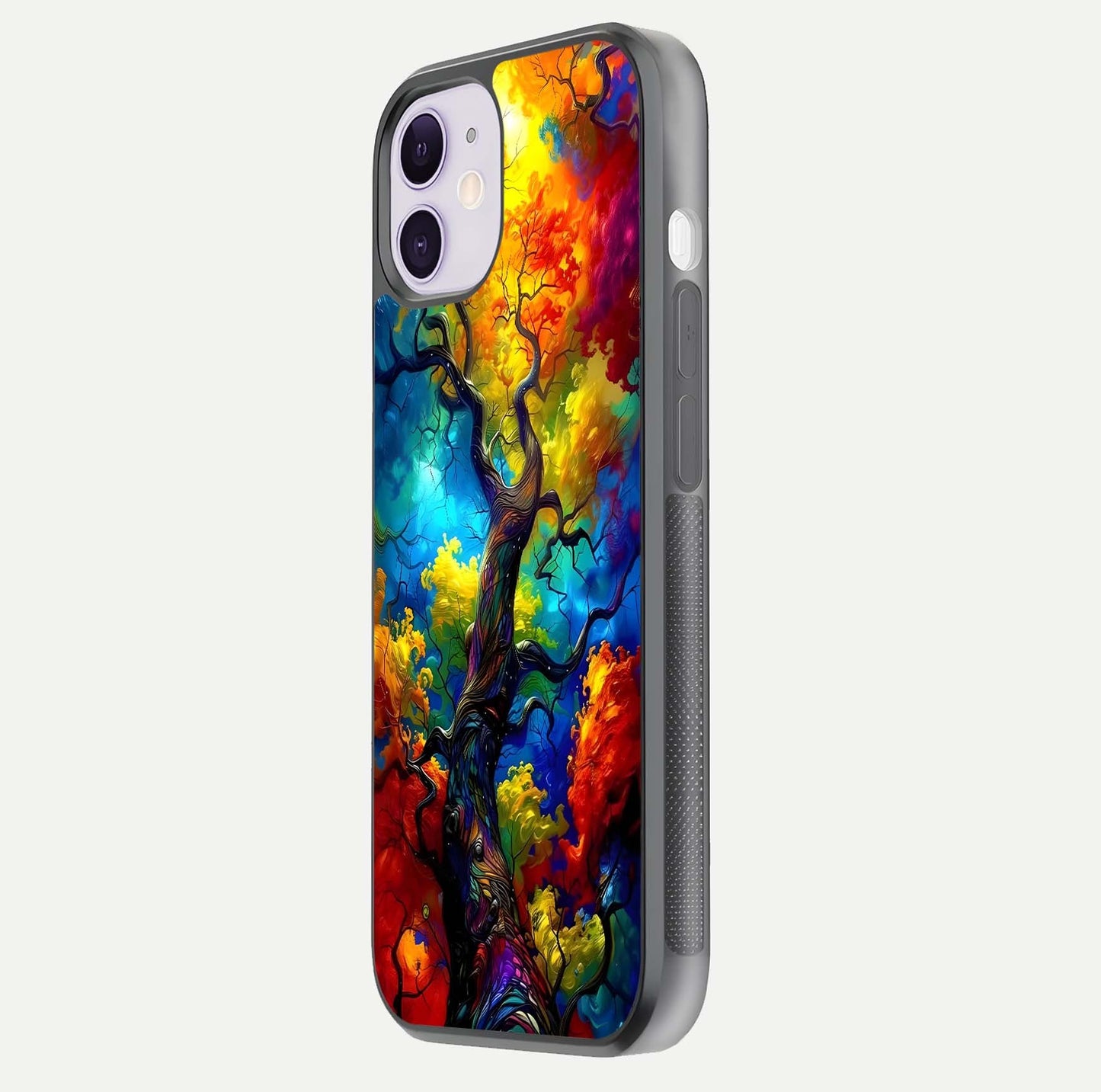 Colorful Tree Glass Case for iPhone 11 side-angle image showing curve reflection and fine print texture