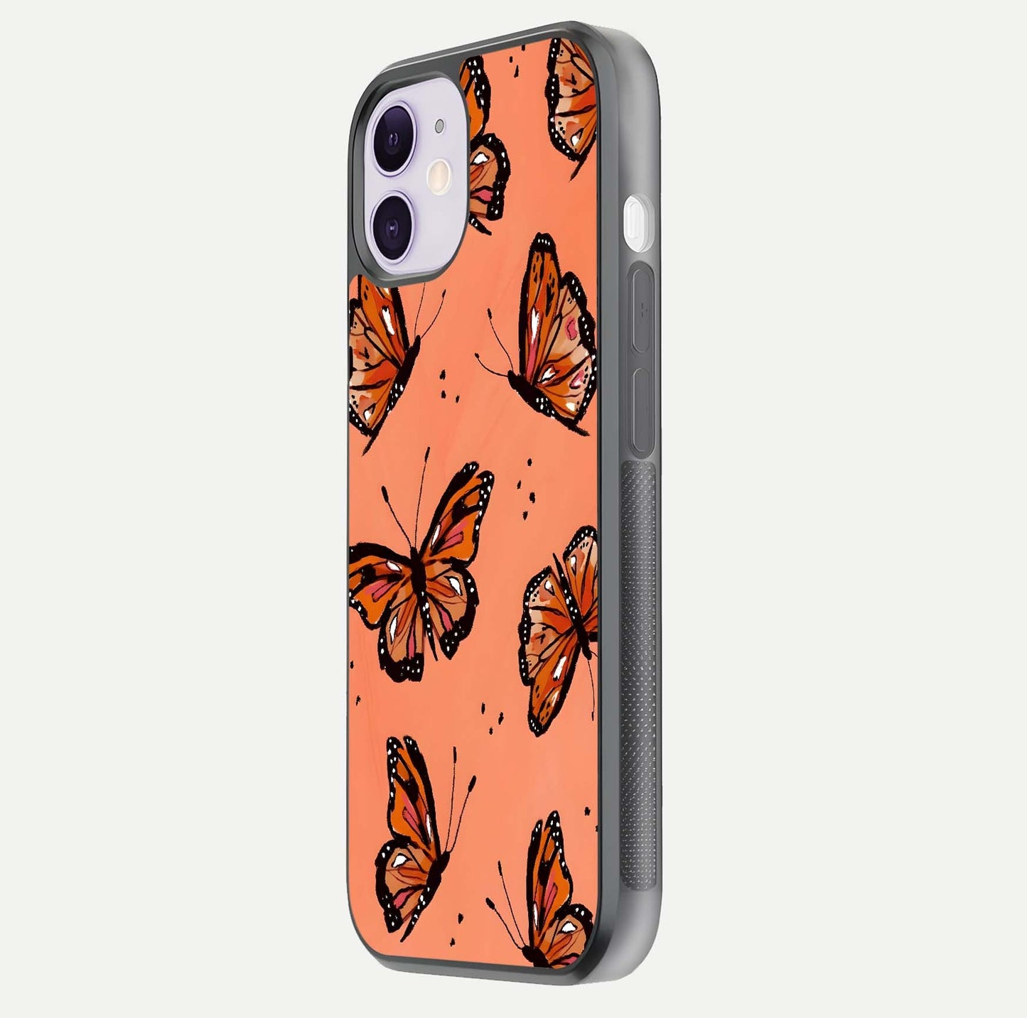 Coral Wing Butterfly Glass Case for iPhone 11 side-angle photo showing reflective finish and smooth edges