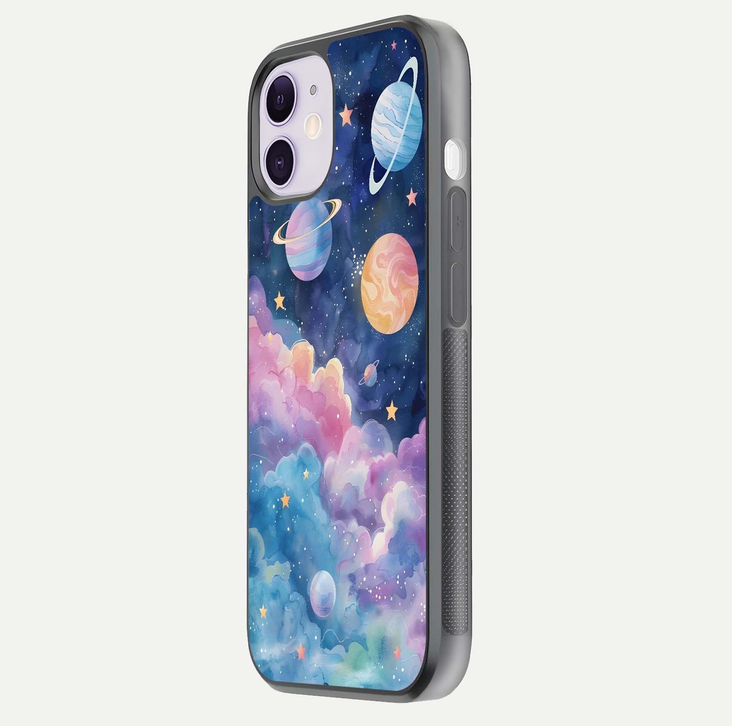 Cosmic Planet Dreams Glass Case for iPhone 11 side-angle image showing texture clarity and shine