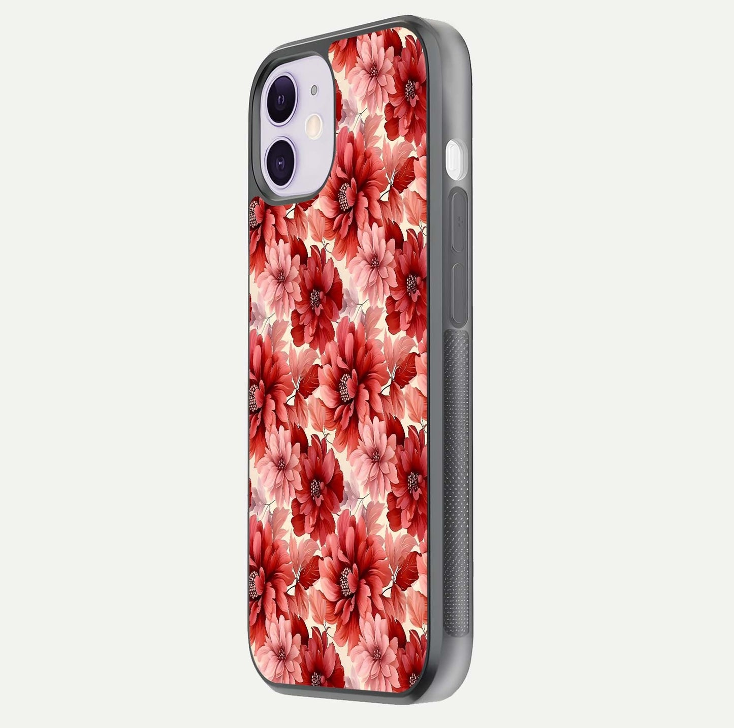 Crimson Love Petals Glass Case for iPhone 11 side-angle photo showing reflection glow and edge clarity