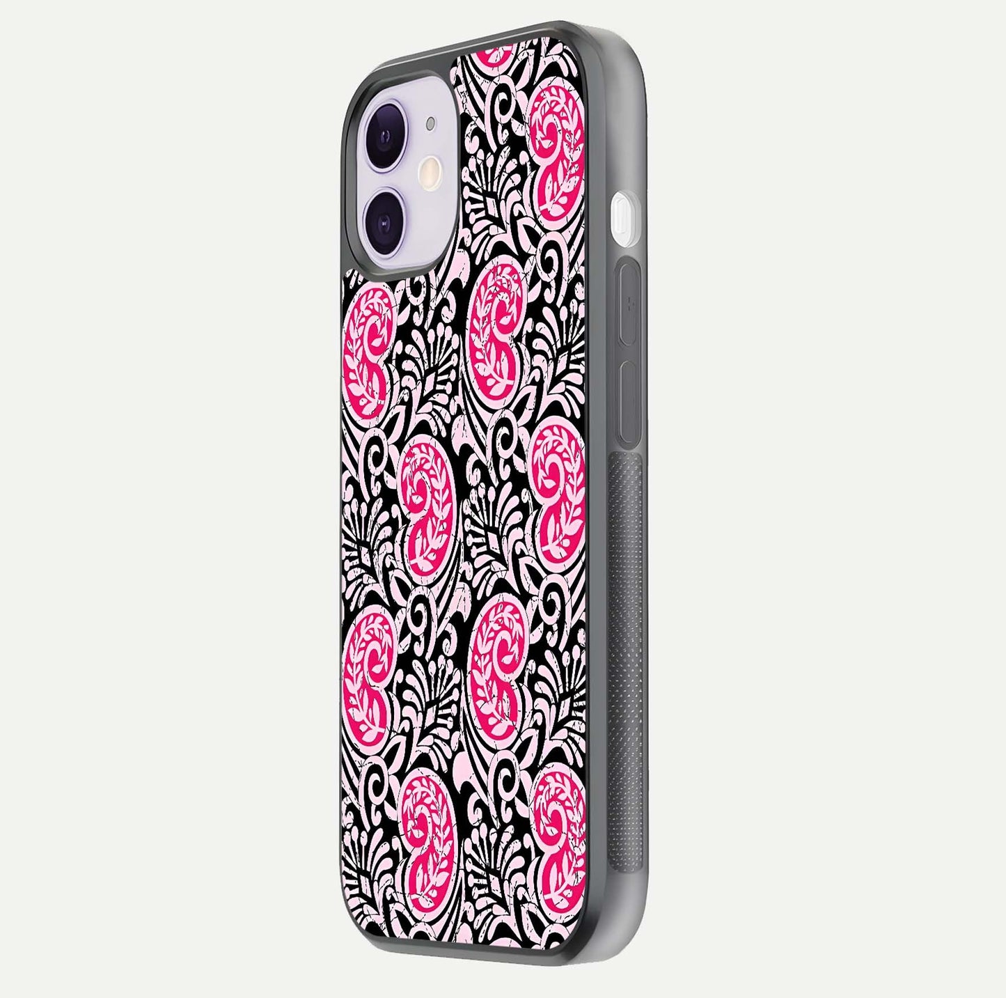 Crimson Paisley Charm Glass Case for iPhone 11 side-angle image showing reflection and smooth edges