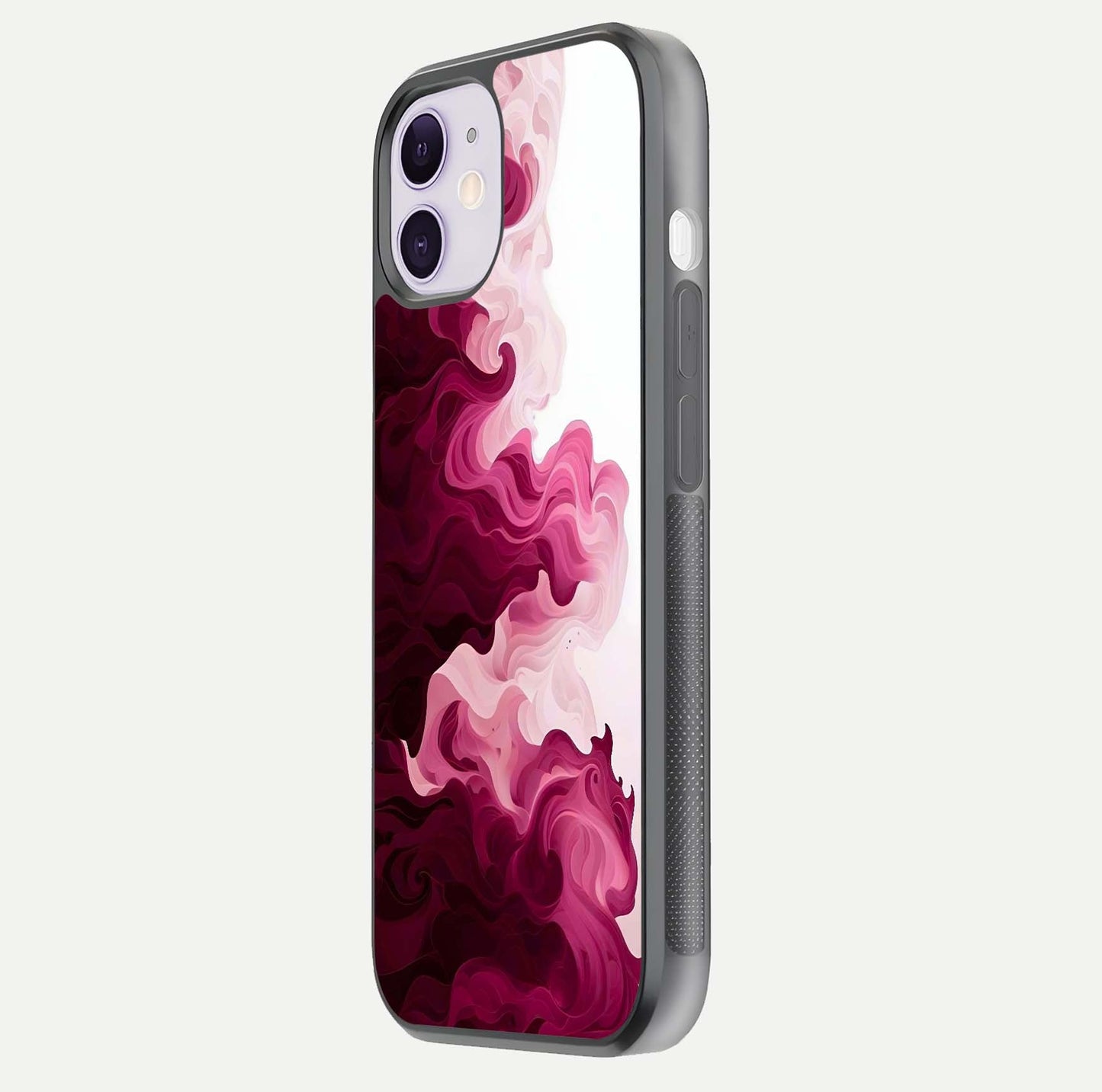 Crimson Wave Flow Glass Case for iPhone 11 side-angle photo showing reflection glow and HD finish