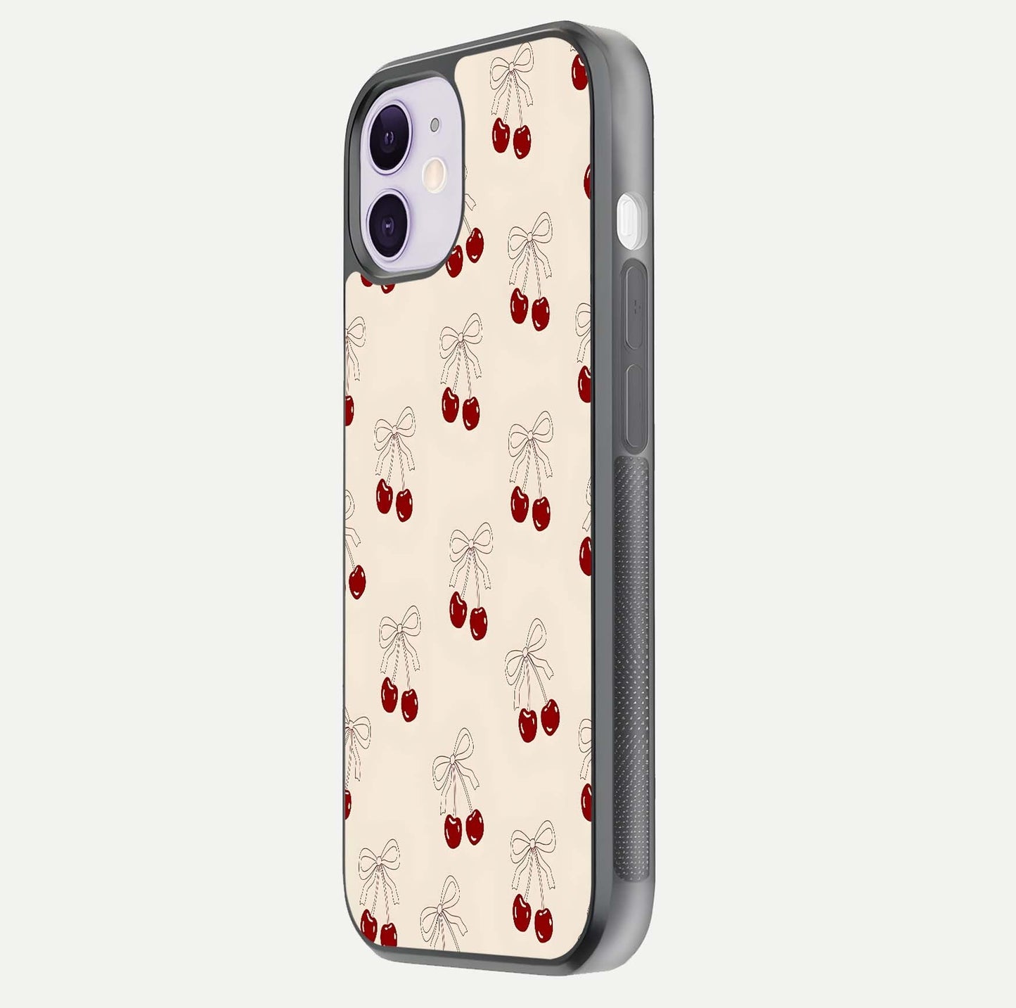 Cute Cherry Pattern Glass Case for iPhone 11 side-angle photo highlighting gloss curve and pattern clarity
