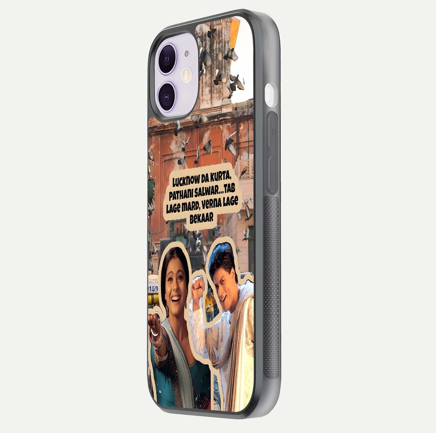 Desi Retro Vibes Glass Case for iPhone 11 side-angle image displaying gloss texture and bold pattern