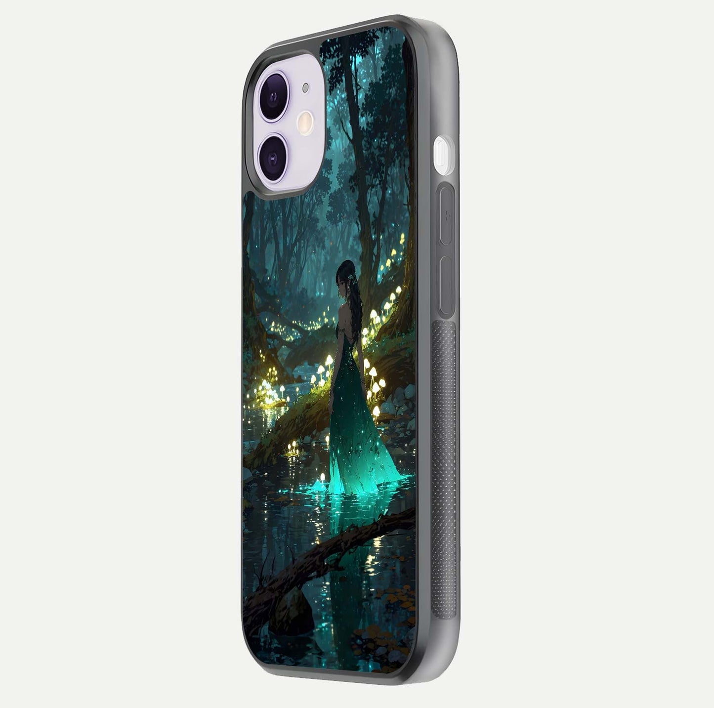 Enchanted Forest Glow Glass Case for iPhone 11 side-angle image capturing shine reflection and rich detail