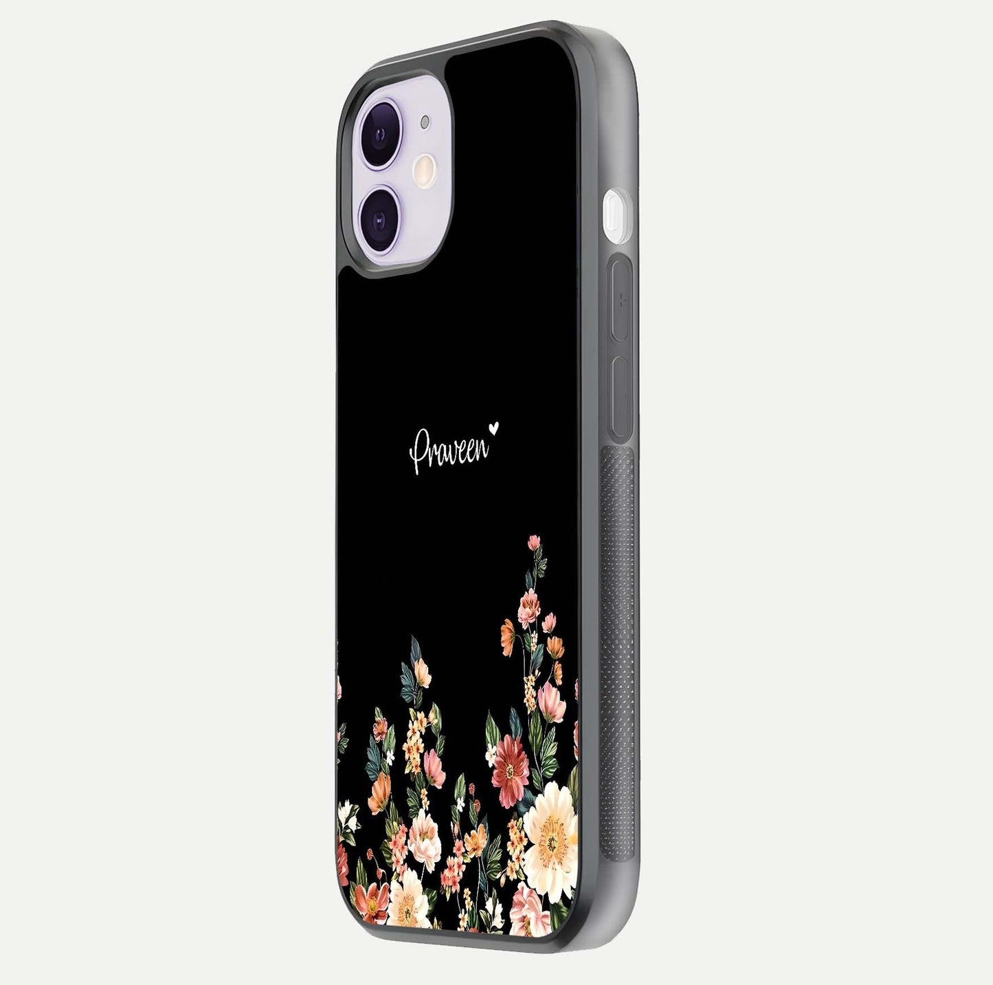 Floral Design Personalized Custom Name Glass Case for iPhone 11 side-angle image showing name alignment and gloss shine
