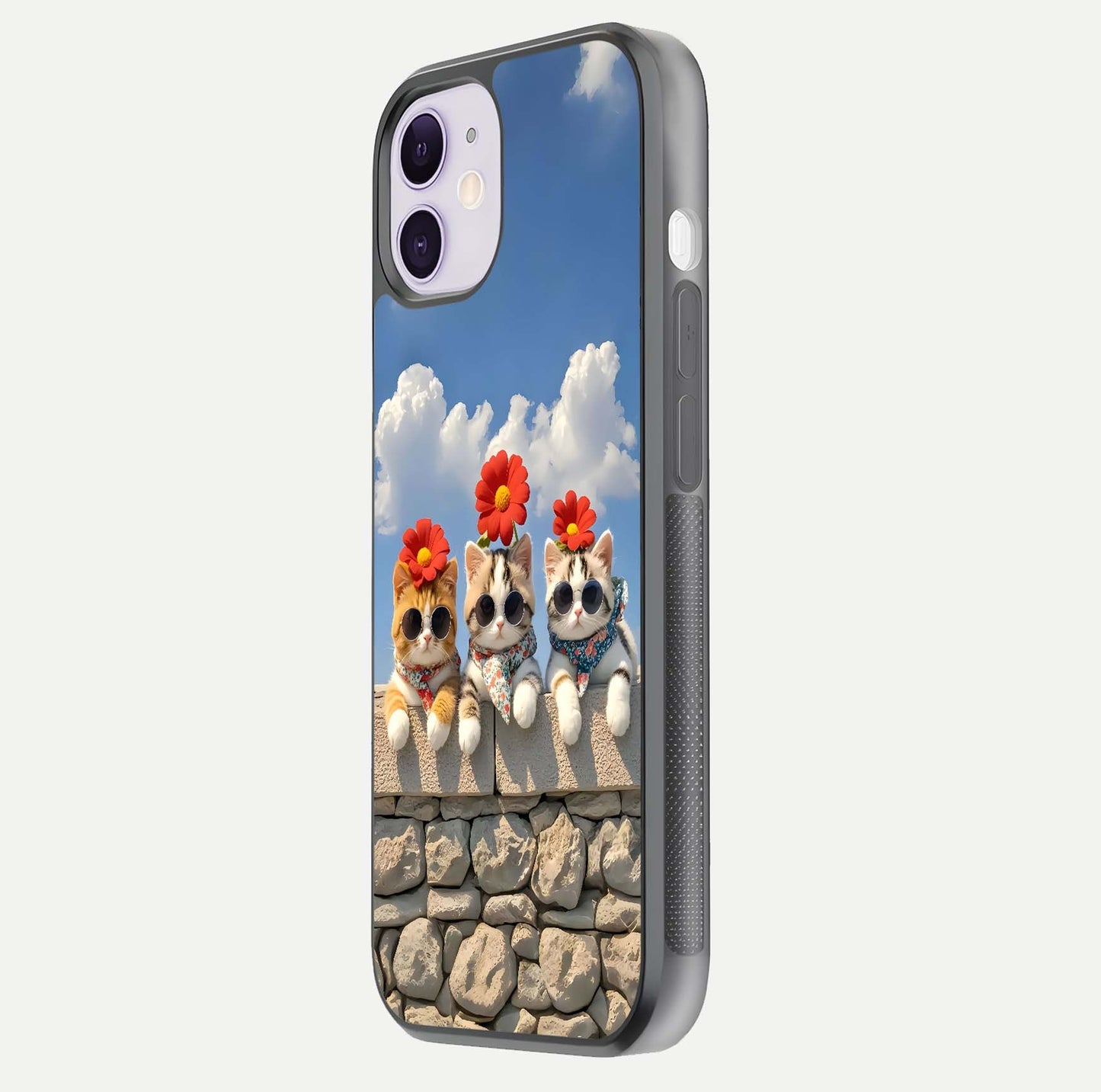 Floral Kitty Squad Glass Case for iPhone 11 side-angle photo showing reflection glow and polished surface