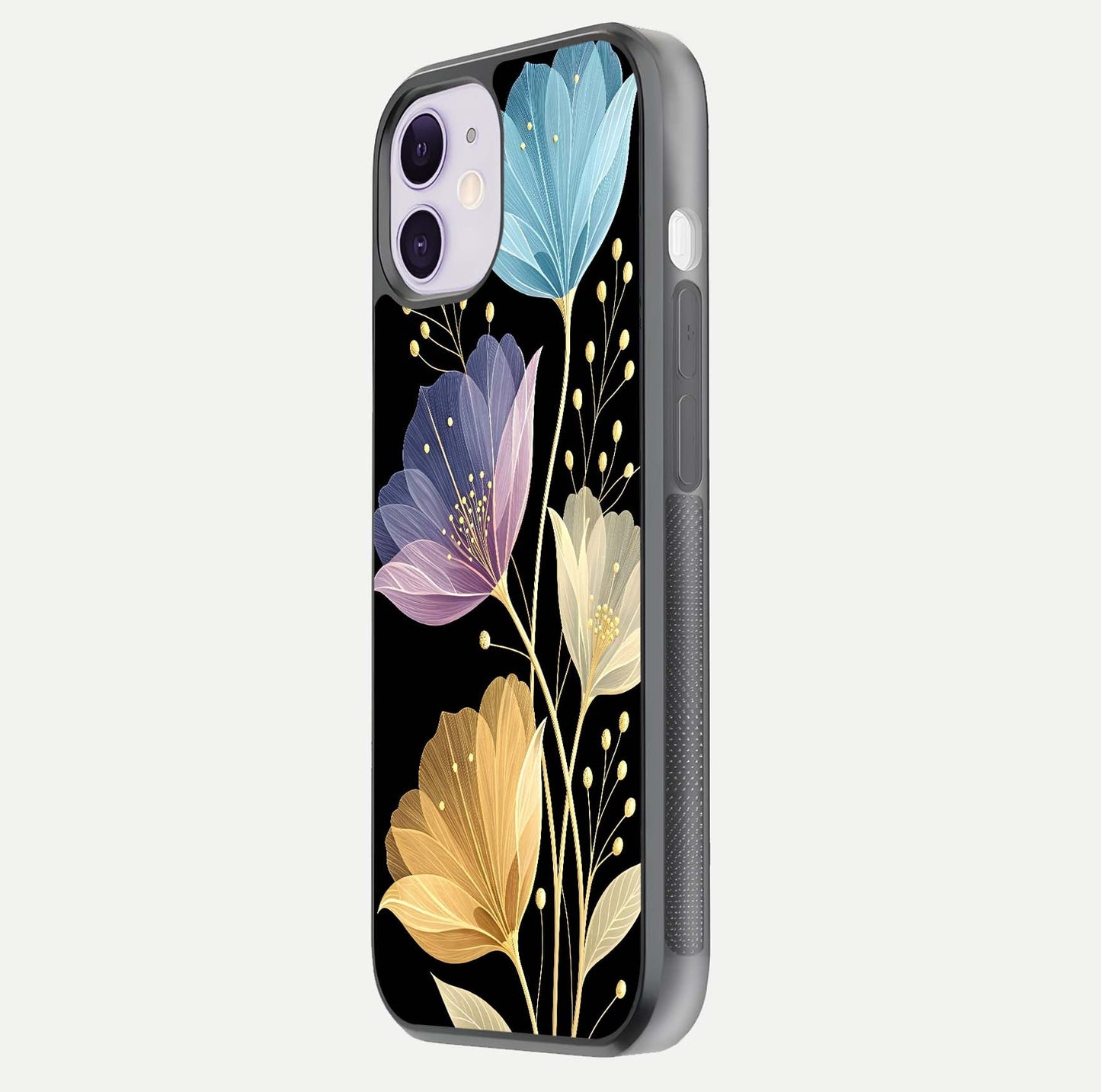 Flower Bloom Glow Glass Case for iPhone 11 side-angle image capturing gloss reflection and flower glow