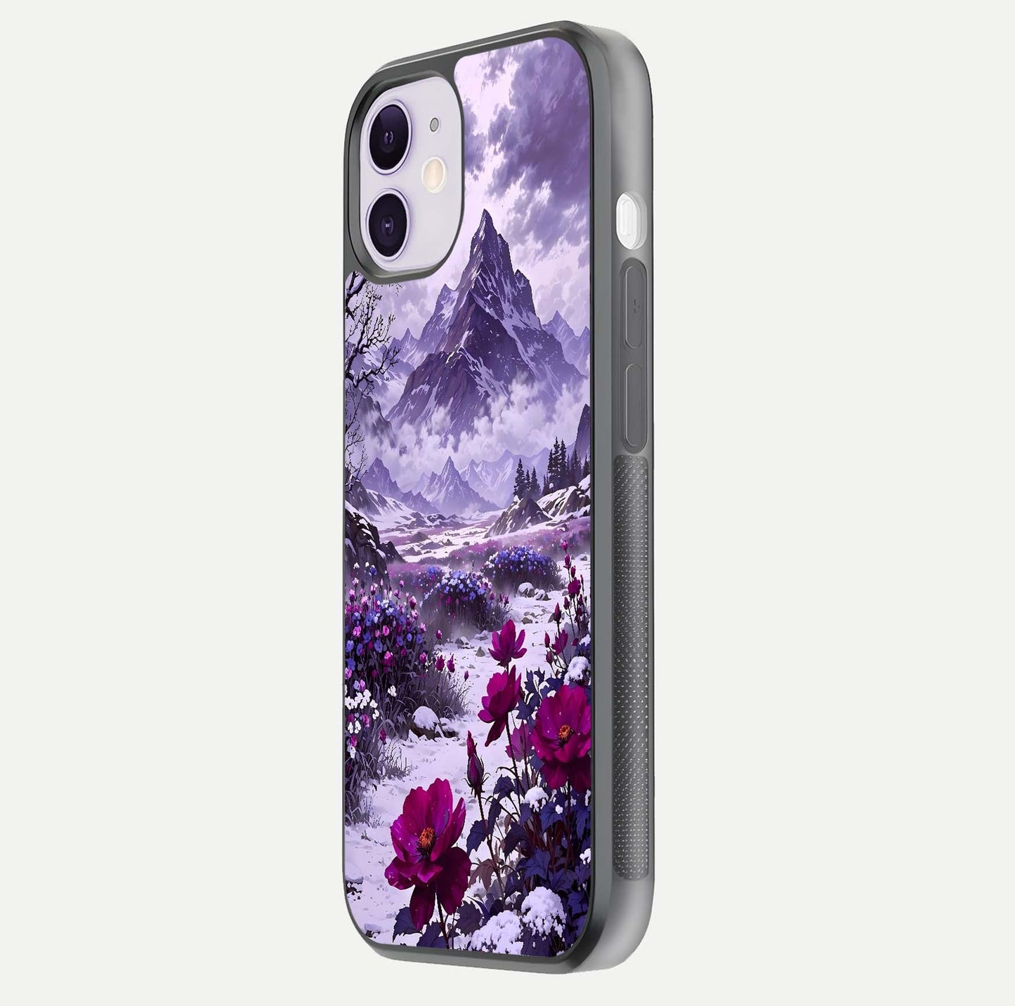 Flower Mountain View Glass Case for iPhone 11 side-angle image showing gloss polish and smooth edge