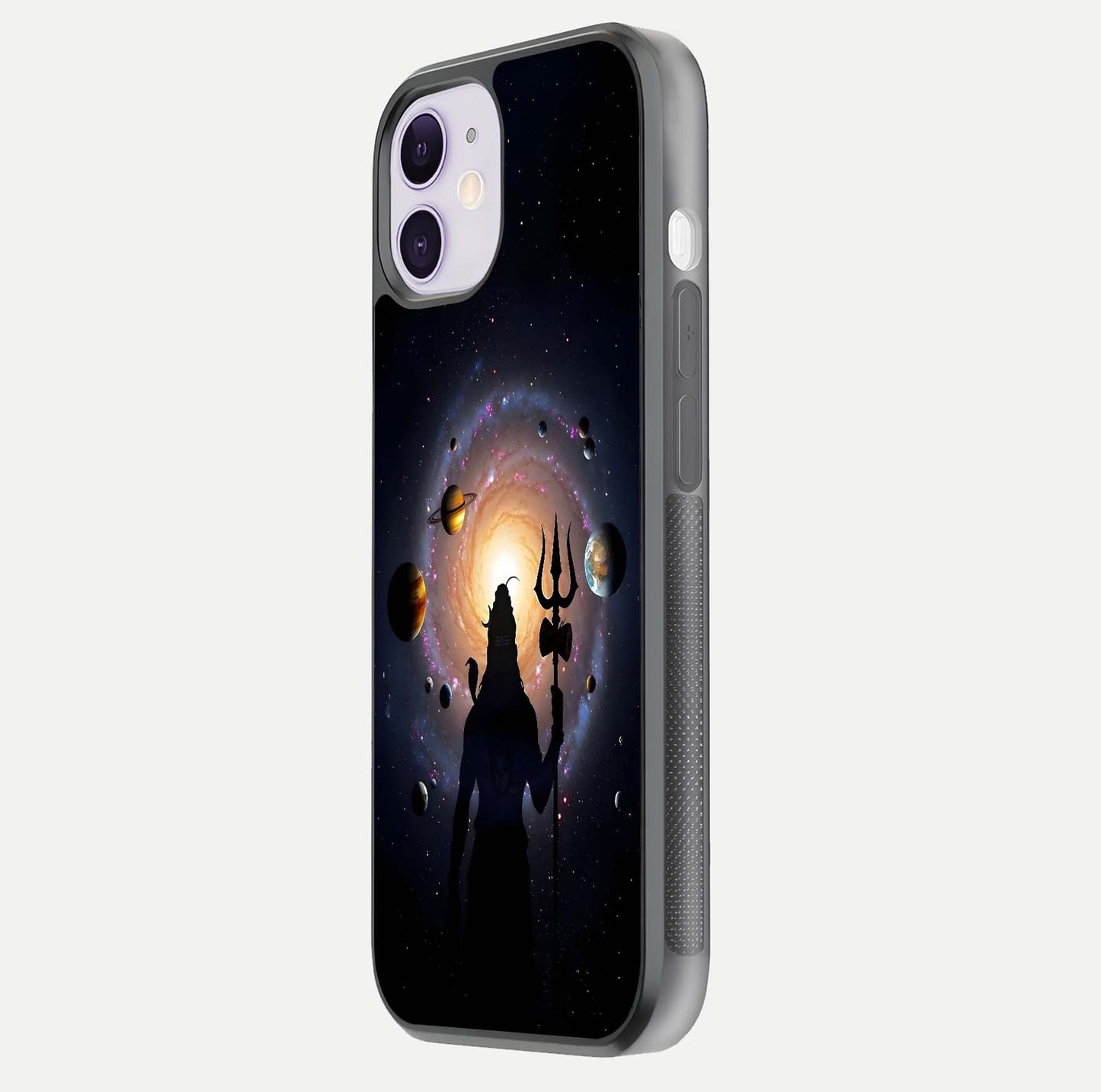 Galactic Shiva Vision Glass Case for iPhone 11 side-angle image showing light reflection, glass edges, and spiritual cosmic theme