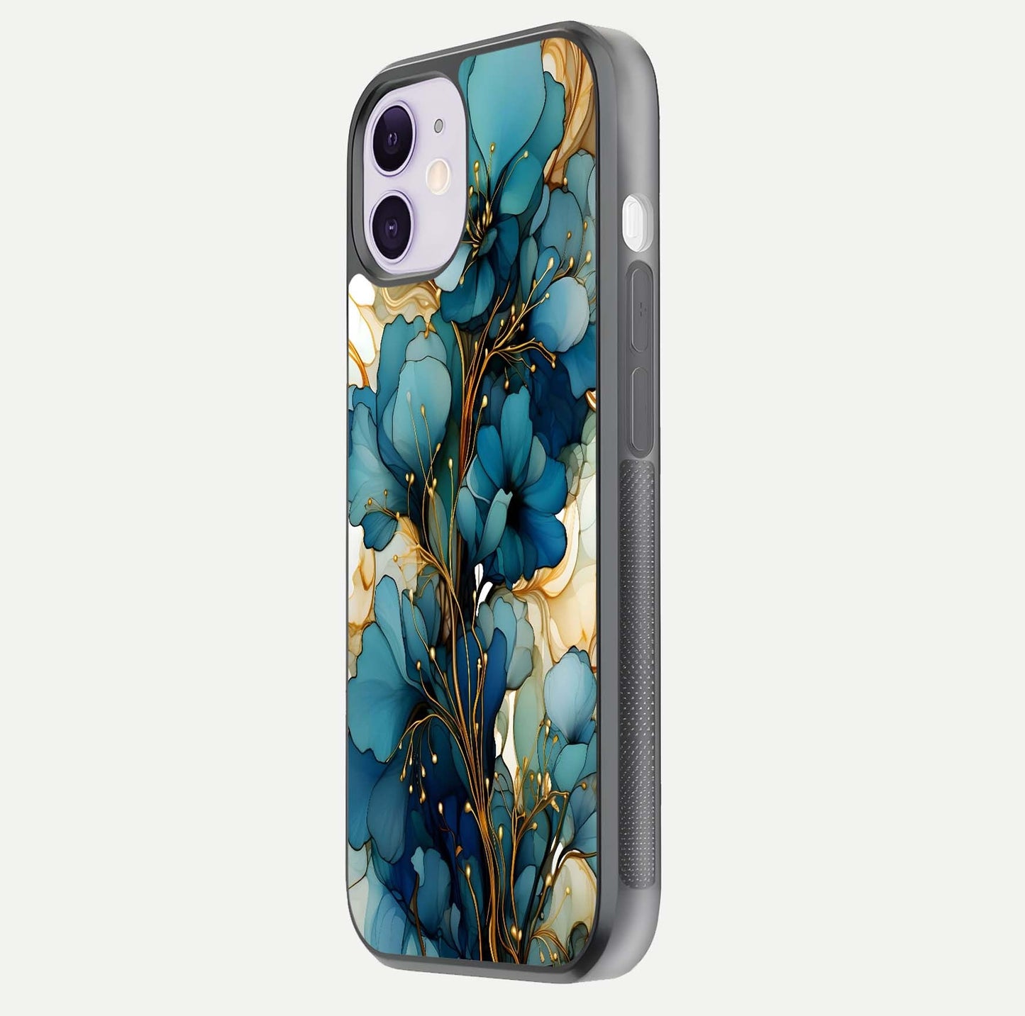 Golden Bloom Symphony Glass Case for iPhone 11 side-angle image showing golden glow, light reflection, and premium surface