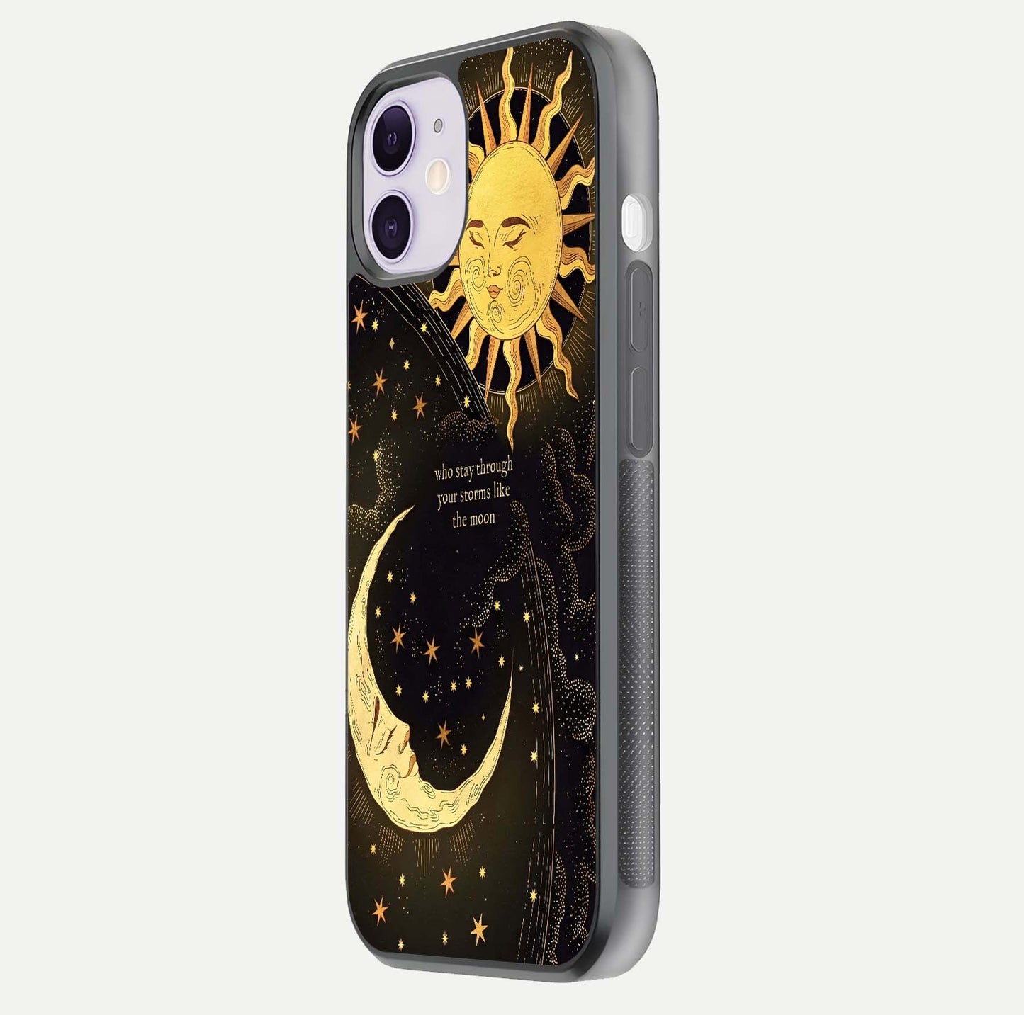 Golden Lunar Love Glass Case for iPhone 11 side-angle image showing reflection brilliance and smooth golden tone