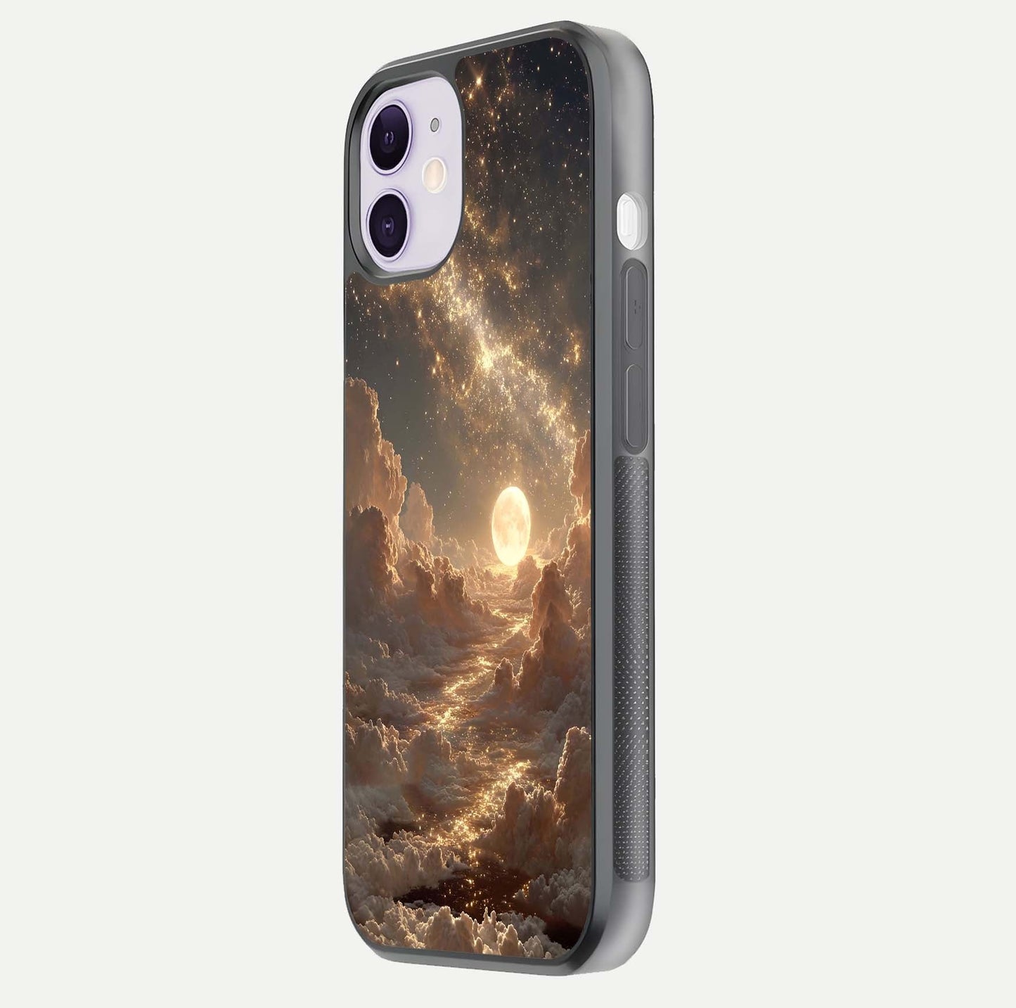 Golden Sky Dream Glass Case for iPhone 11 side-angle image showing reflection shine and smooth surface