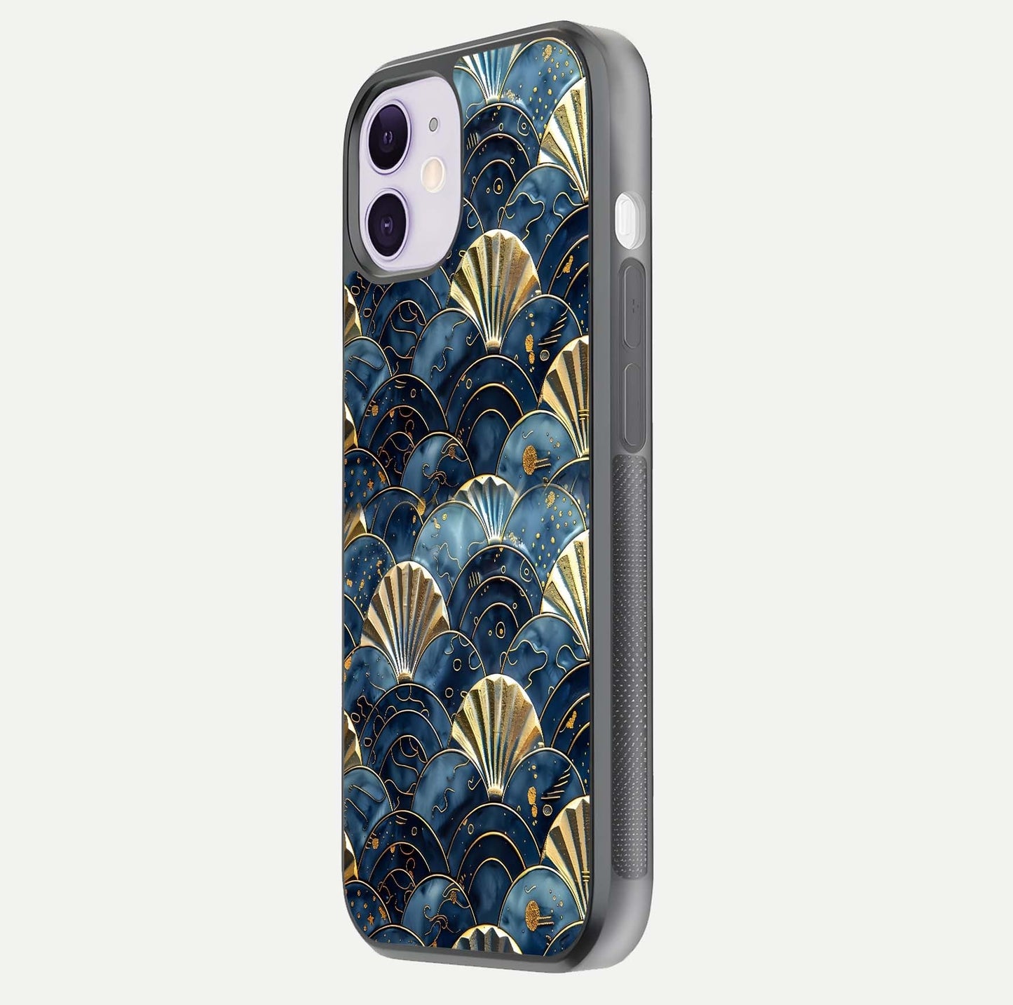 Golden Wave Luxe Glass Case for iPhone 11 side-angle image showing reflection clarity and polished finish