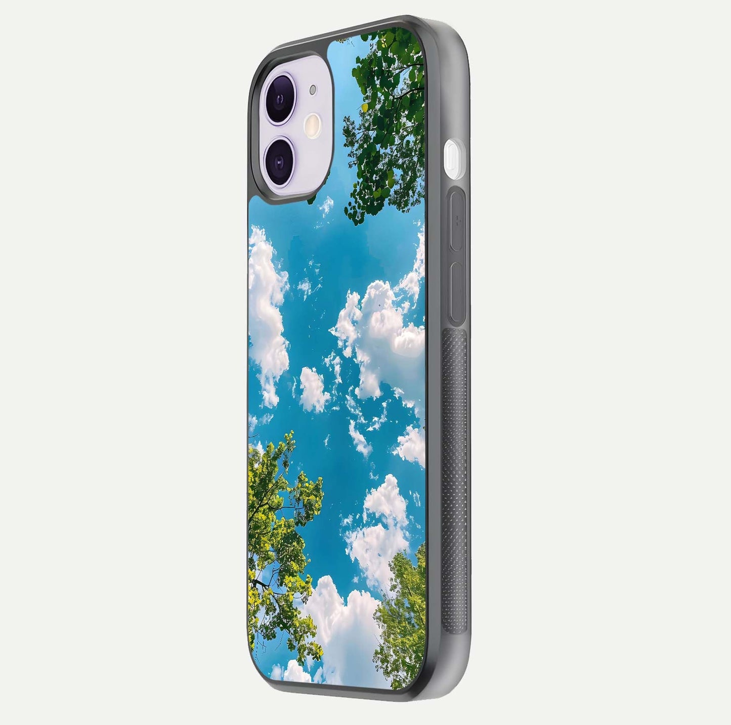 Greenery Sky Glass Case for iPhone 11 side-angle image showing reflection glow and nature-themed pattern