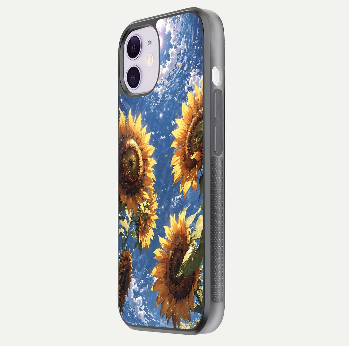 Heavenly Sunflower Rise Glass Case for iPhone 11 side-angle image showing reflection glow and soft yellow tone