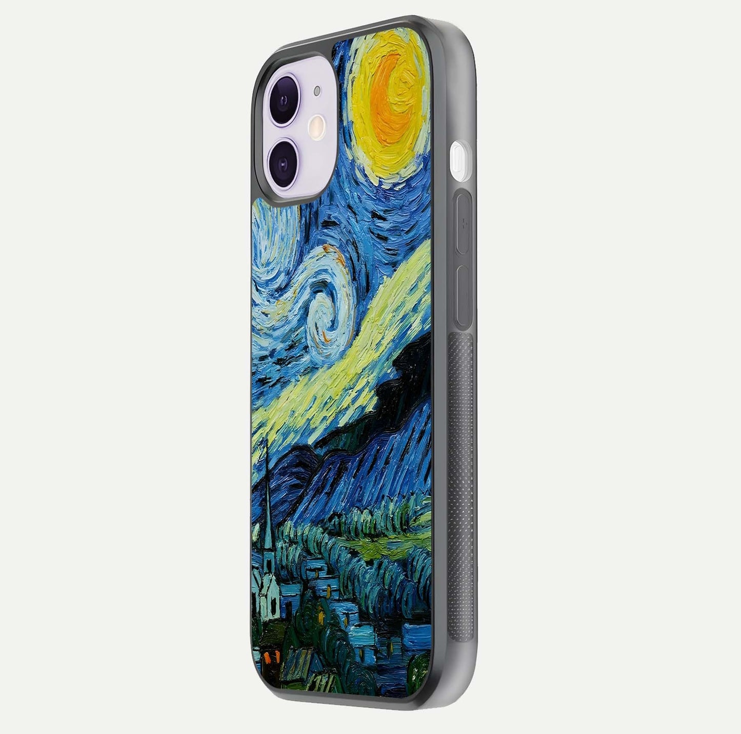 Inspired Van Gogh Art Glass Case for iPhone 11 side-angle image showing reflection brilliance and painted surface look
