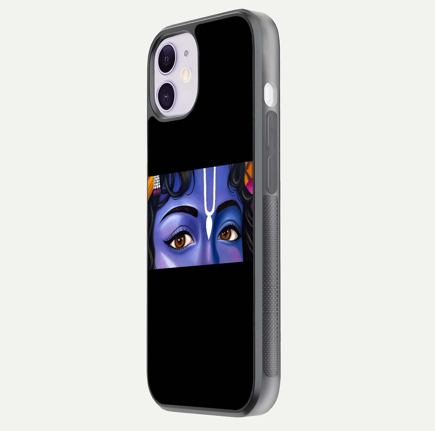 Krishna Eye Glass Case for iPhone 11 side-angle image showing reflection clarity and Krishna symbol design