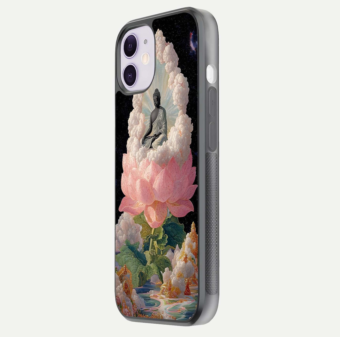 Lotus Divine Peace Glass Case for iPhone 11 side-angle shot showing elegant shine and floral symmetry