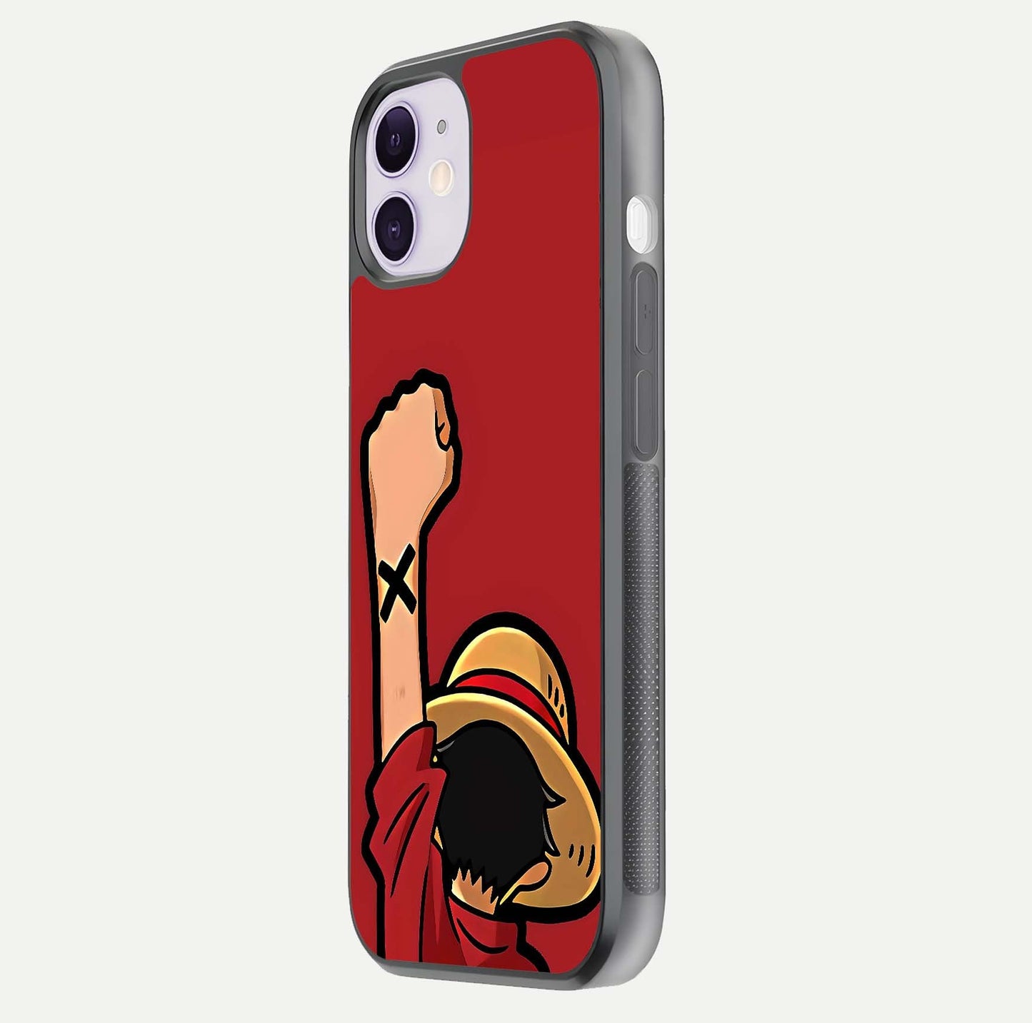Luffy X Spirit Glass Case for iPhone 11 side-angle image highlighting reflection strength and anime print