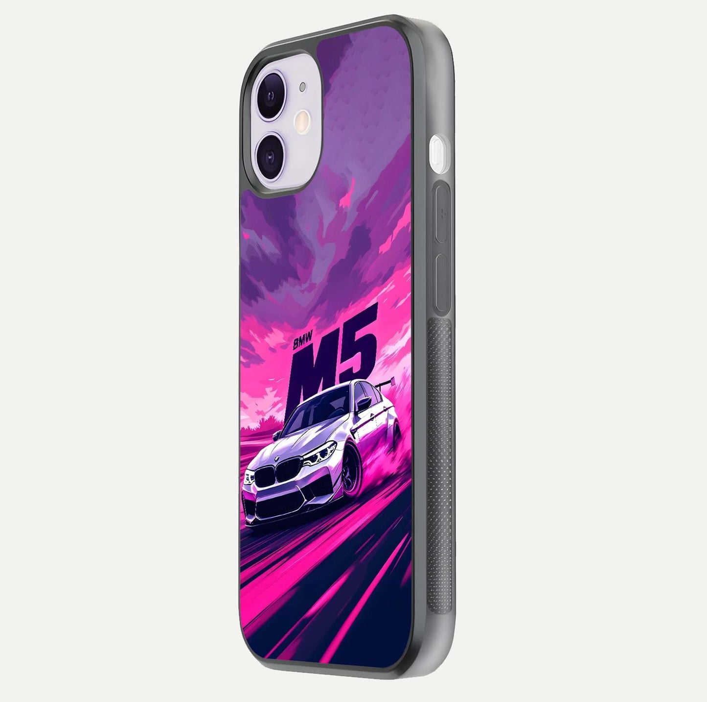 MS Neon Car Glass Case for iPhone 11 side-angle image showing glow reflection and car detailing