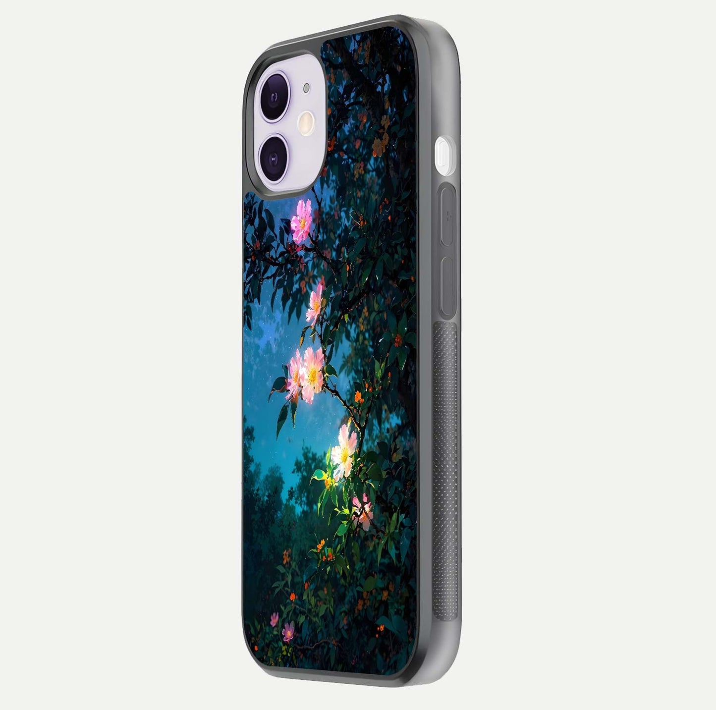 Midnight Bloom Glow Glass Case for iPhone 11 side-angle image revealing reflection and deep midnight hues