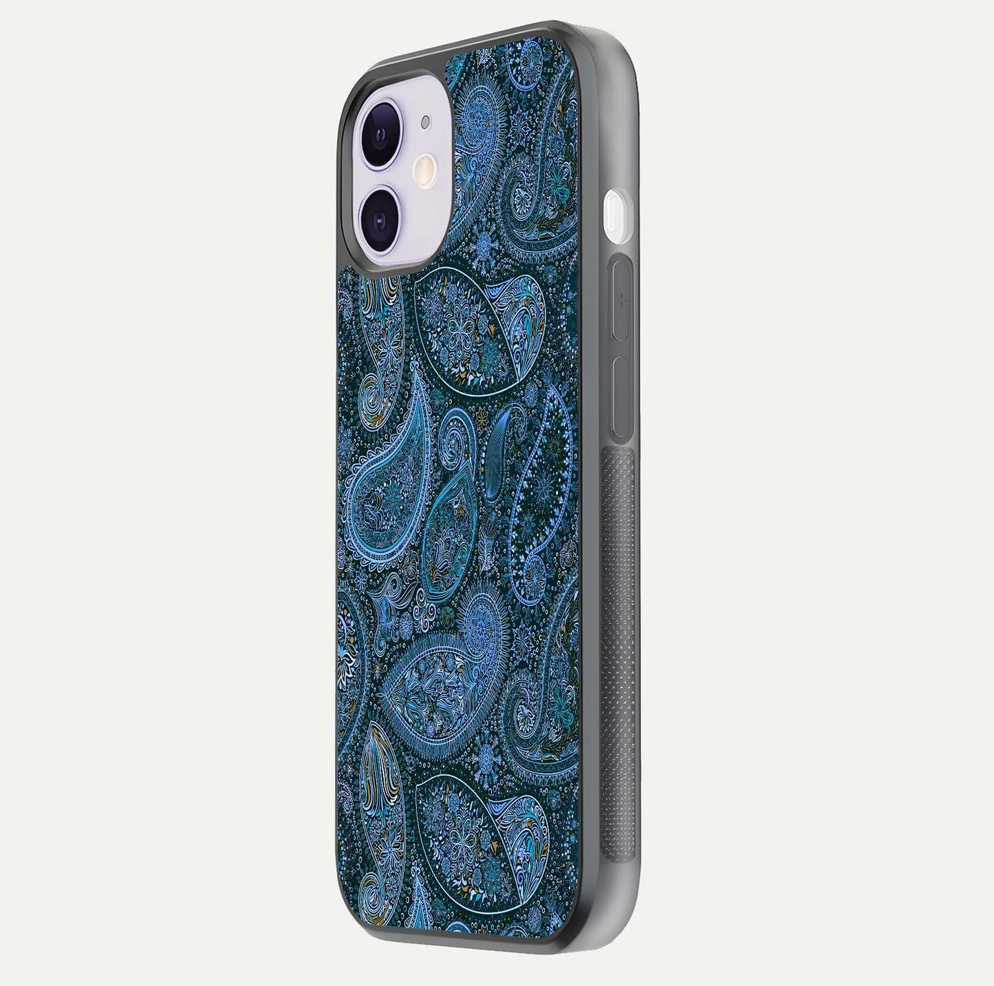 Midnight Paisley Glow Glass Case for iPhone 11 side-angle image revealing reflective gloss and paisley art