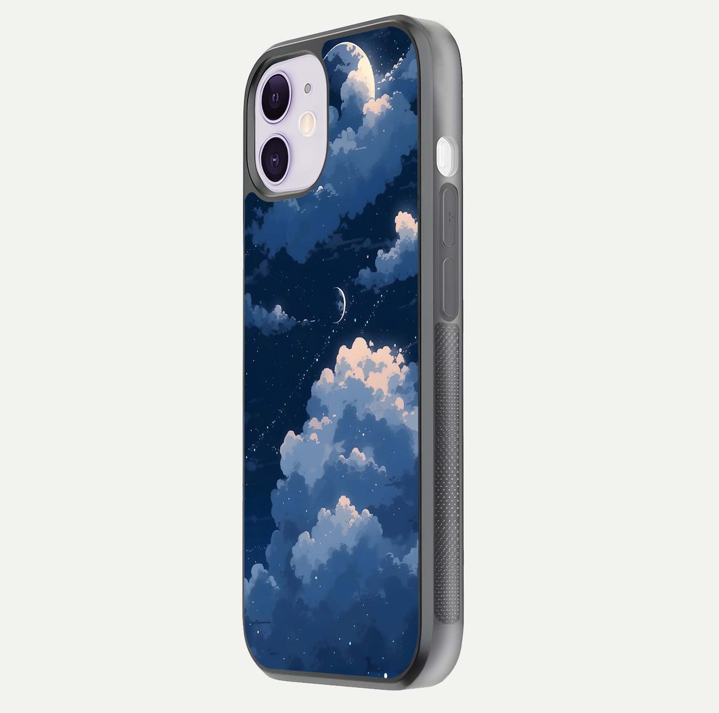 Moon Dream Haze Glass Case for iPhone 11 side-angle image showing HD reflection and moonlight detailing