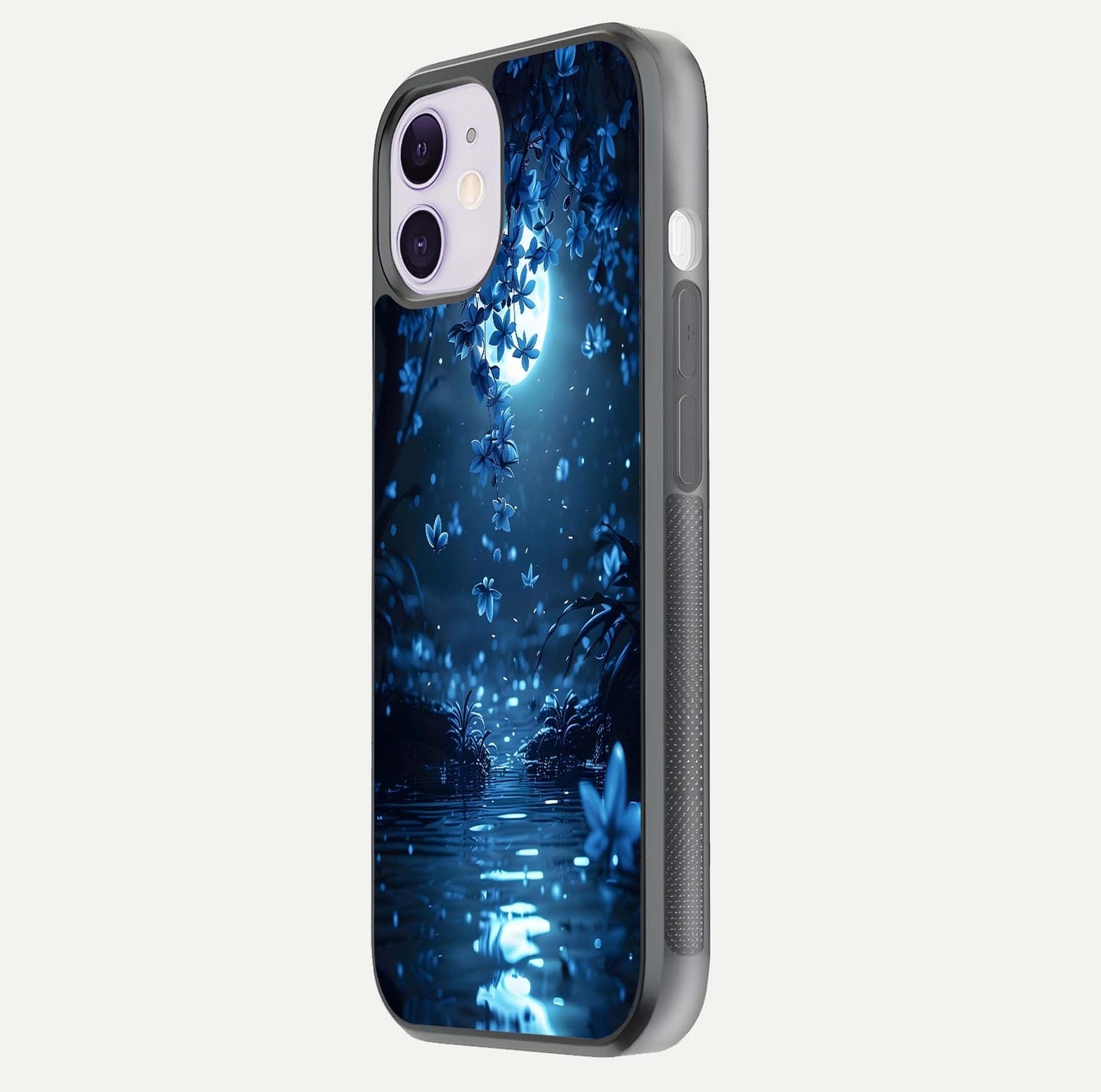 Moonlight Petal Dream Glass Case for iPhone 11 side-angle image showing reflection and petal detail