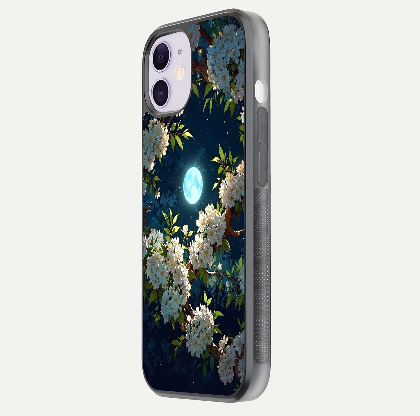 Moonlit Blossom Dream Glass Case for iPhone 11 side-angle image showing shine depth and flower glow