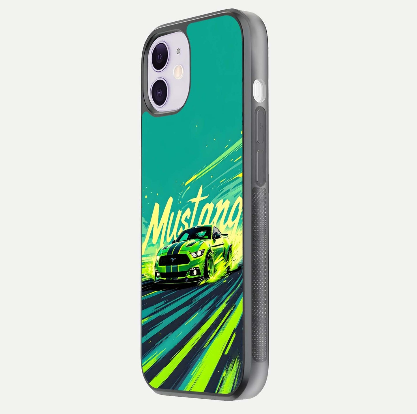 Mustang Bang Glass Case for iPhone 11 side-angle image showing reflection clarity and bold car artwork
