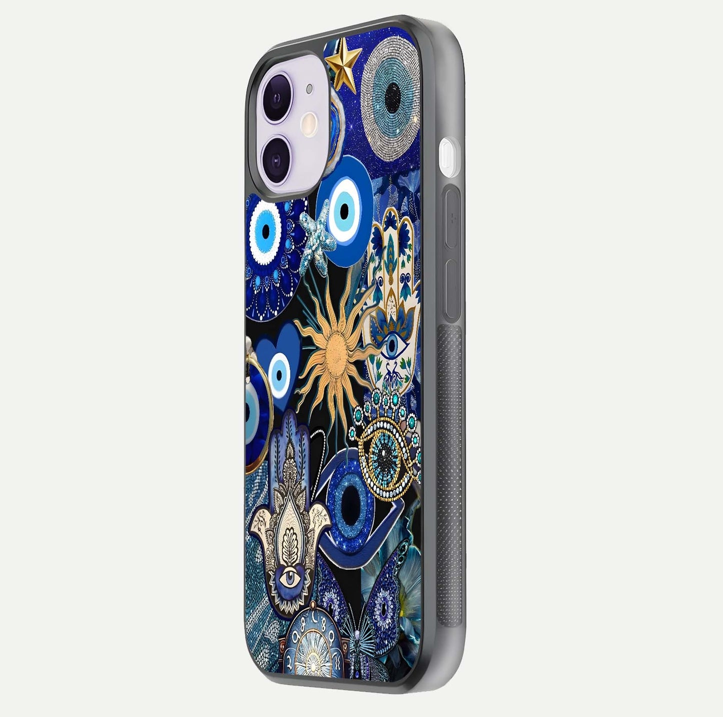 Mystic Blue Evil Eye Glass Case for iPhone 11 side-angle image showing smooth gloss and charm design