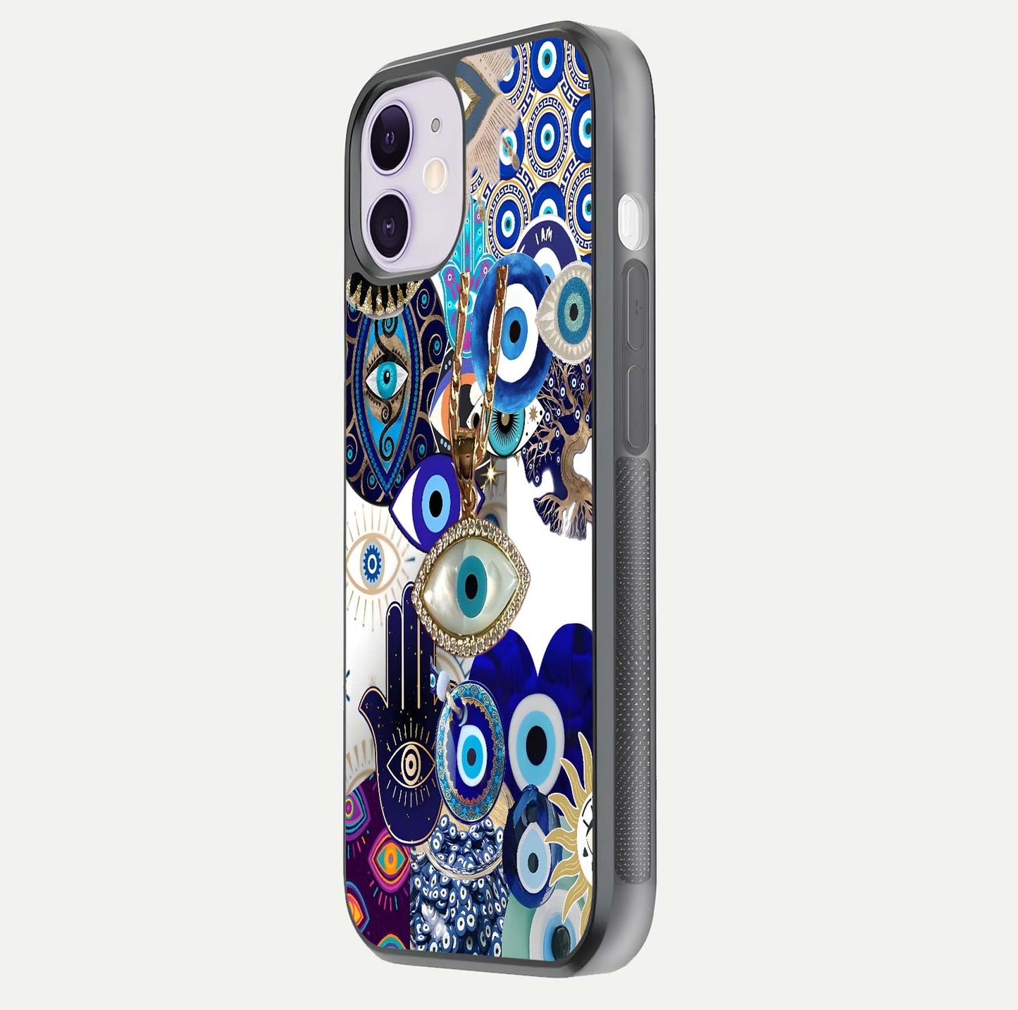 Mystic Charm Eye Glass Case for iPhone 11 side-angle image showing HD reflection and sacred tone