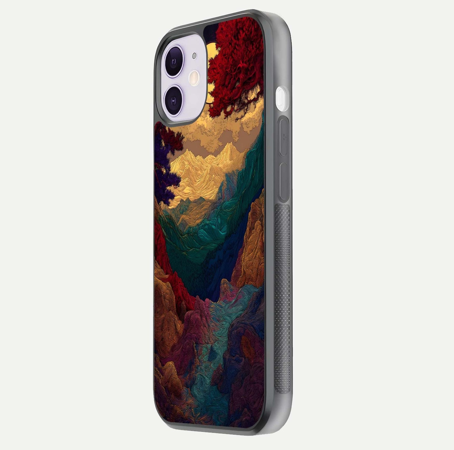 Mystic Valley Light Glass Case for iPhone 11 side-angle image showing shine and peaceful hues