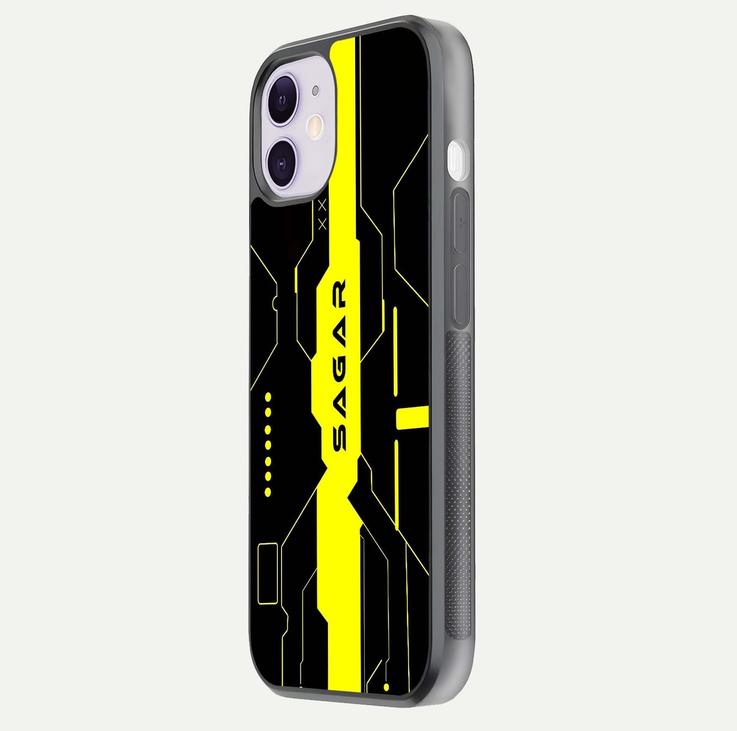 Neon CYBERPUNK Custom Name Glass Case for iPhone 11 side-angle image showing glow depth and bold print