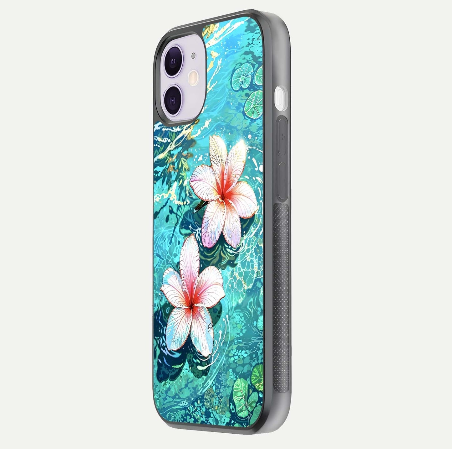Pink Flowers in Water Glass Case for iPhone 11 side-angle image showing reflection and depth of detail