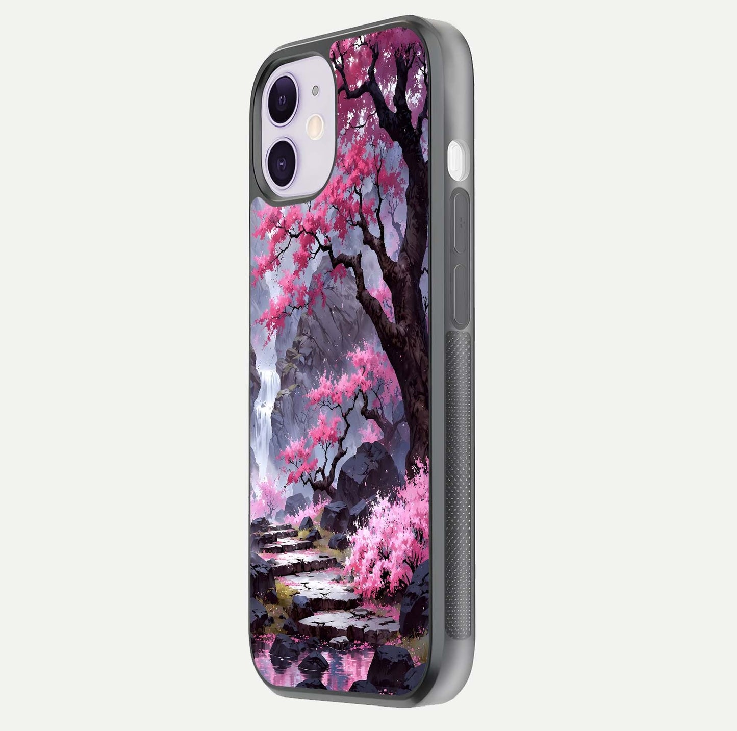 Pinkish Scenery Glass Case for iPhone 11 side-angle image showing depth, gloss, and scenic details