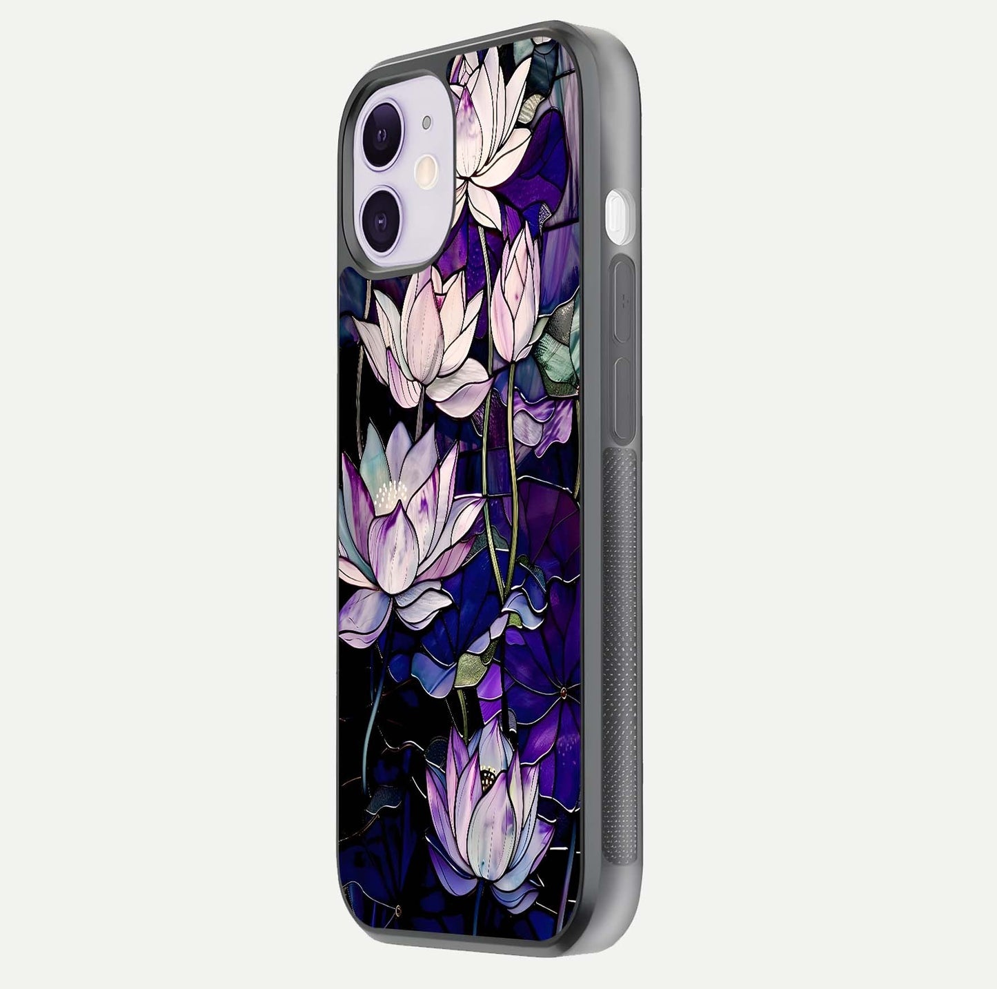 Purple Lotus Pattern Glass Case for iPhone 11 side-angle image showing reflection depth and lotus detail