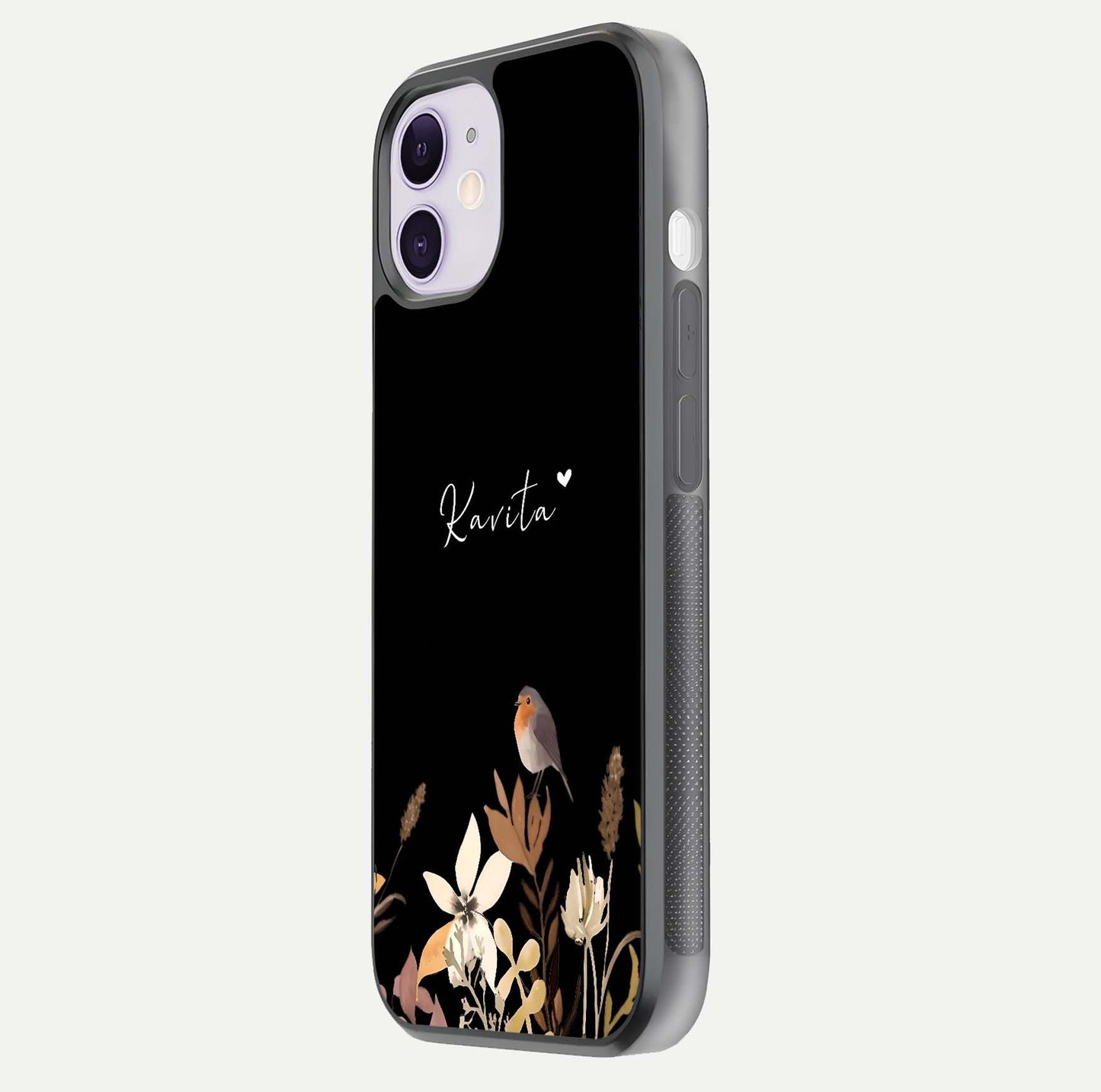 Quiet Garden Tune Custom Name Glass Case for iPhone 11 side-angle image showing reflection and floral design