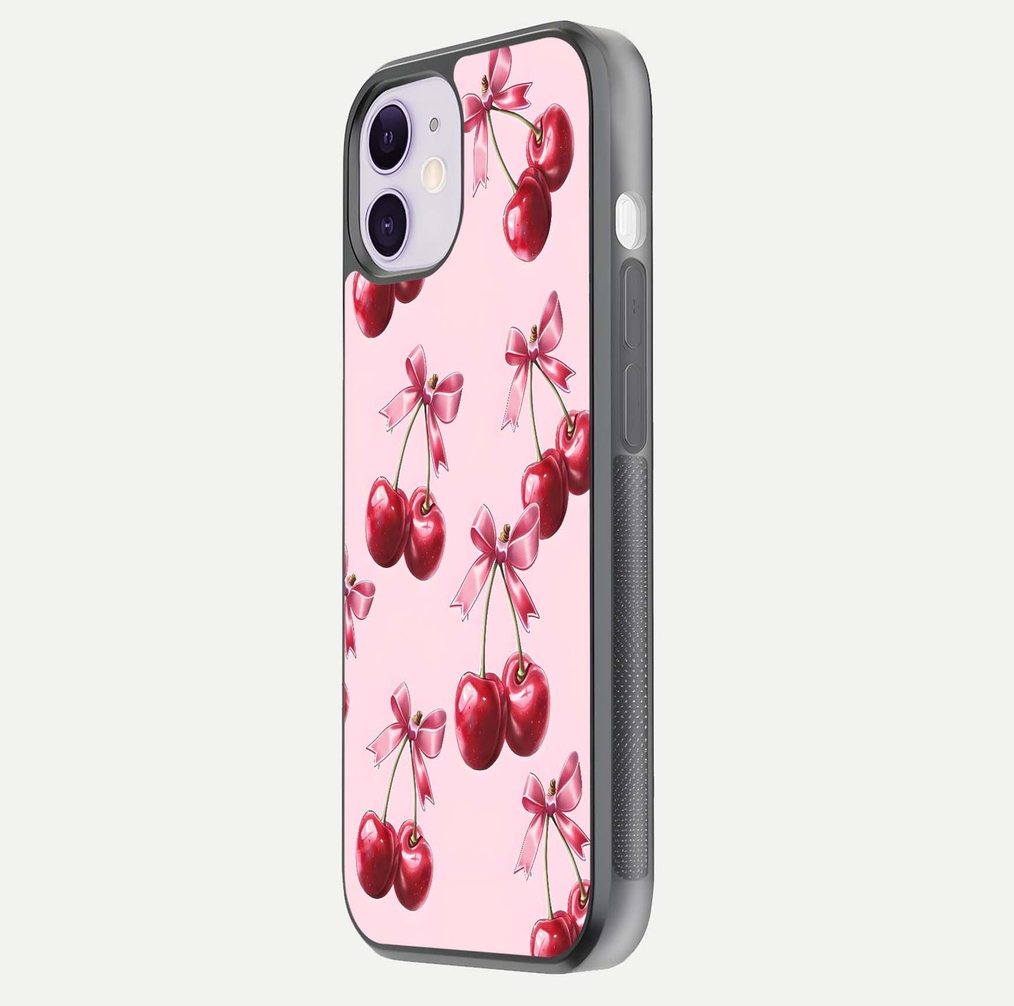 Red Cherries Pattern Glass Case for iPhone 11 side-angle image showing gloss surface and cherry details